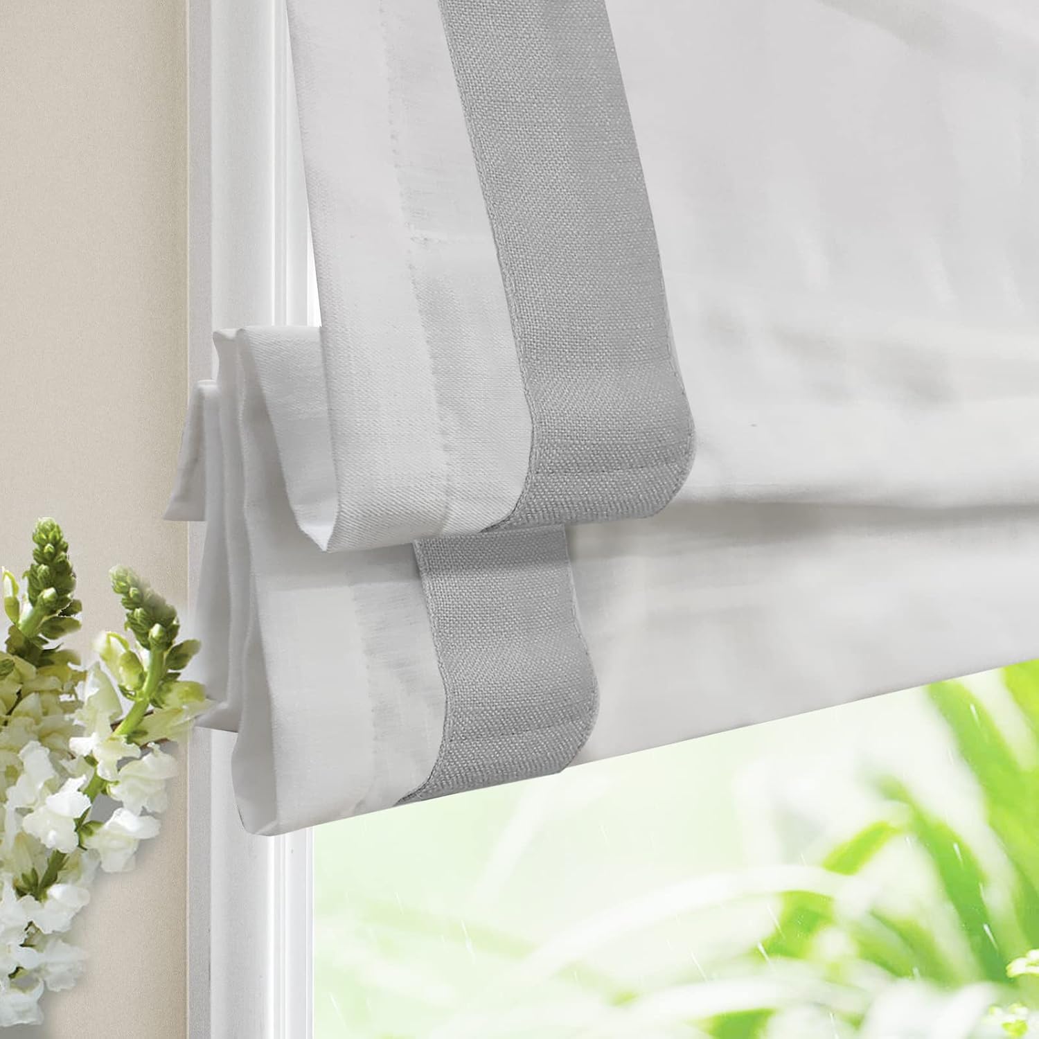 LETAU No Tools No Drill Cordless Blackout Roman Shades Blinds, White Fabric Lined Custom Valanced Window Shades Blinds for Windows, French Doors, Kitchen Windows, Grey Ribbon