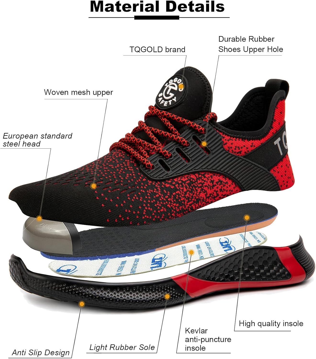 AONEGOLD Safety Shoes for Men Steel Toe Sneaker Work Shoes Lightweight Breathable Industrial Construction Shoe Red 40 - Image 5