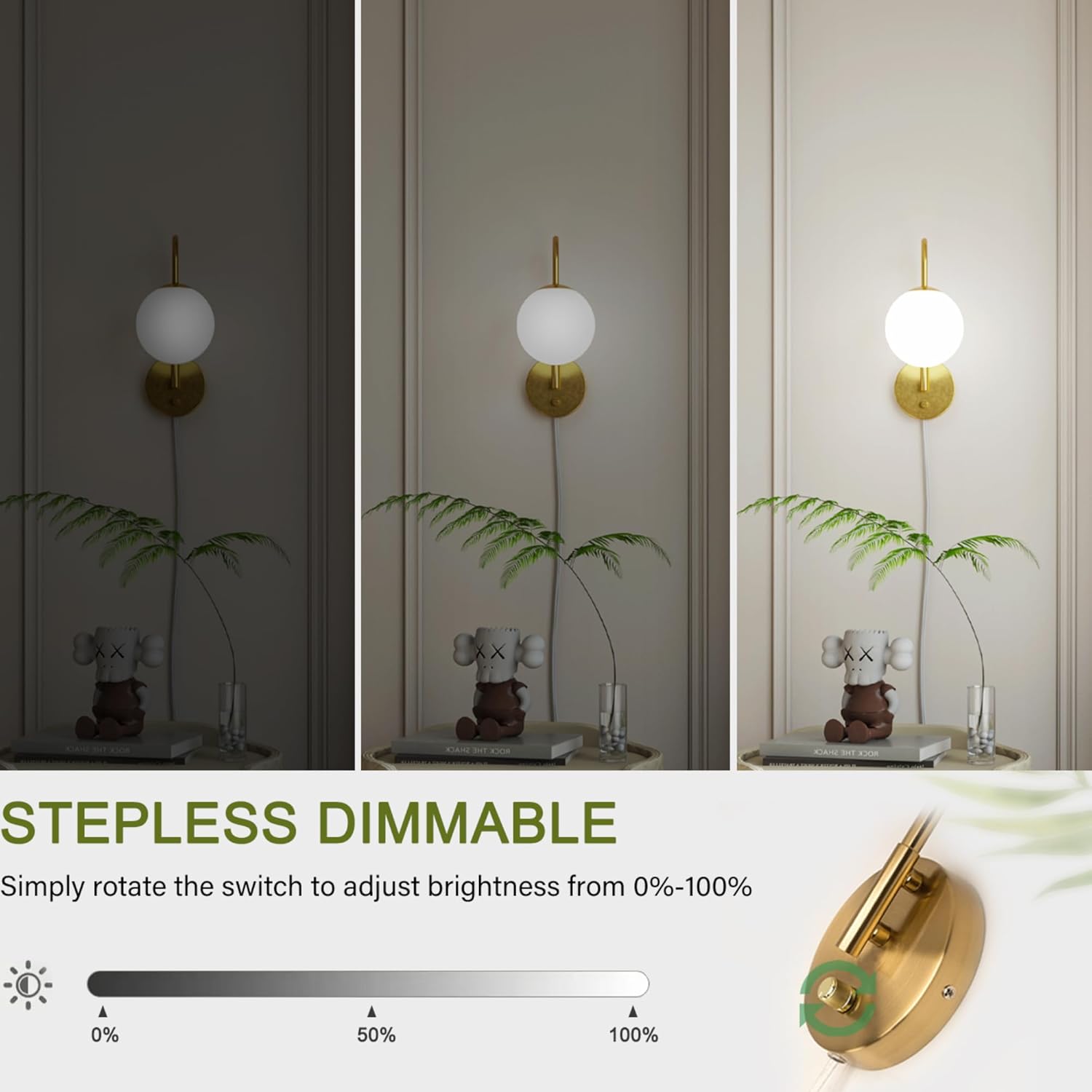 Dimmable E12 Wall Sconces Set of 2,Plug in Wall Sconces with 6.56ft Power Cord,Globe Electric Plug in Wall Sconce,Wall Lights with Milky White Glass Globe Shade(2 Bulbs Included)