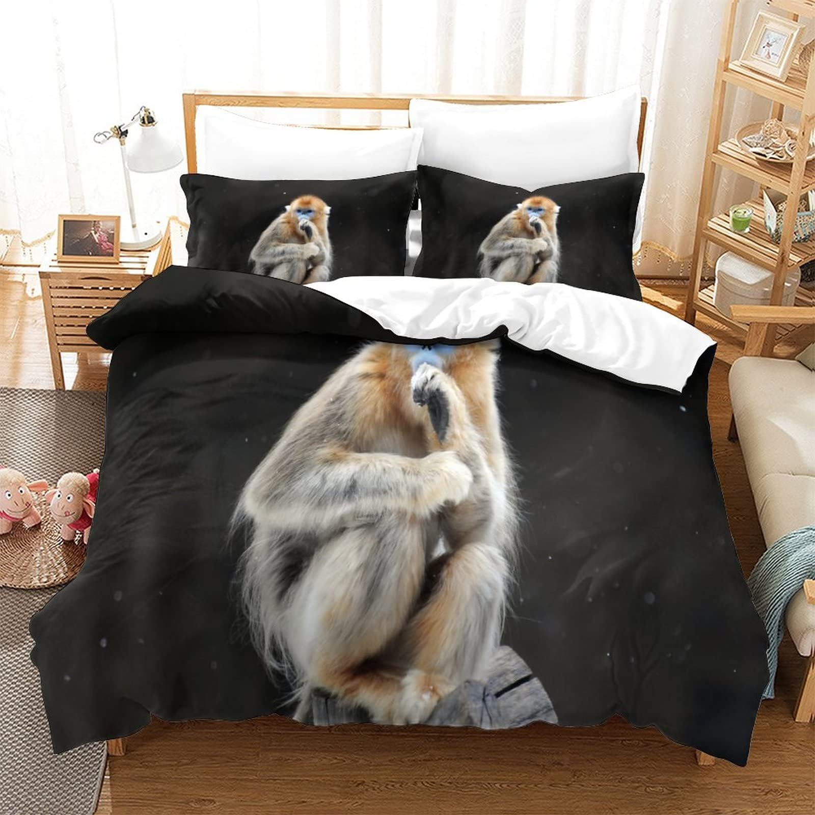 King（220x240cm） Golden Monkey Bedding Sets Double Brushed Microfibre Duvet Covers 3 Pcs Bedding Set With Zipper Closure, Ultra Soft Anti Allergic Easy Care Non Iron Wild Animal