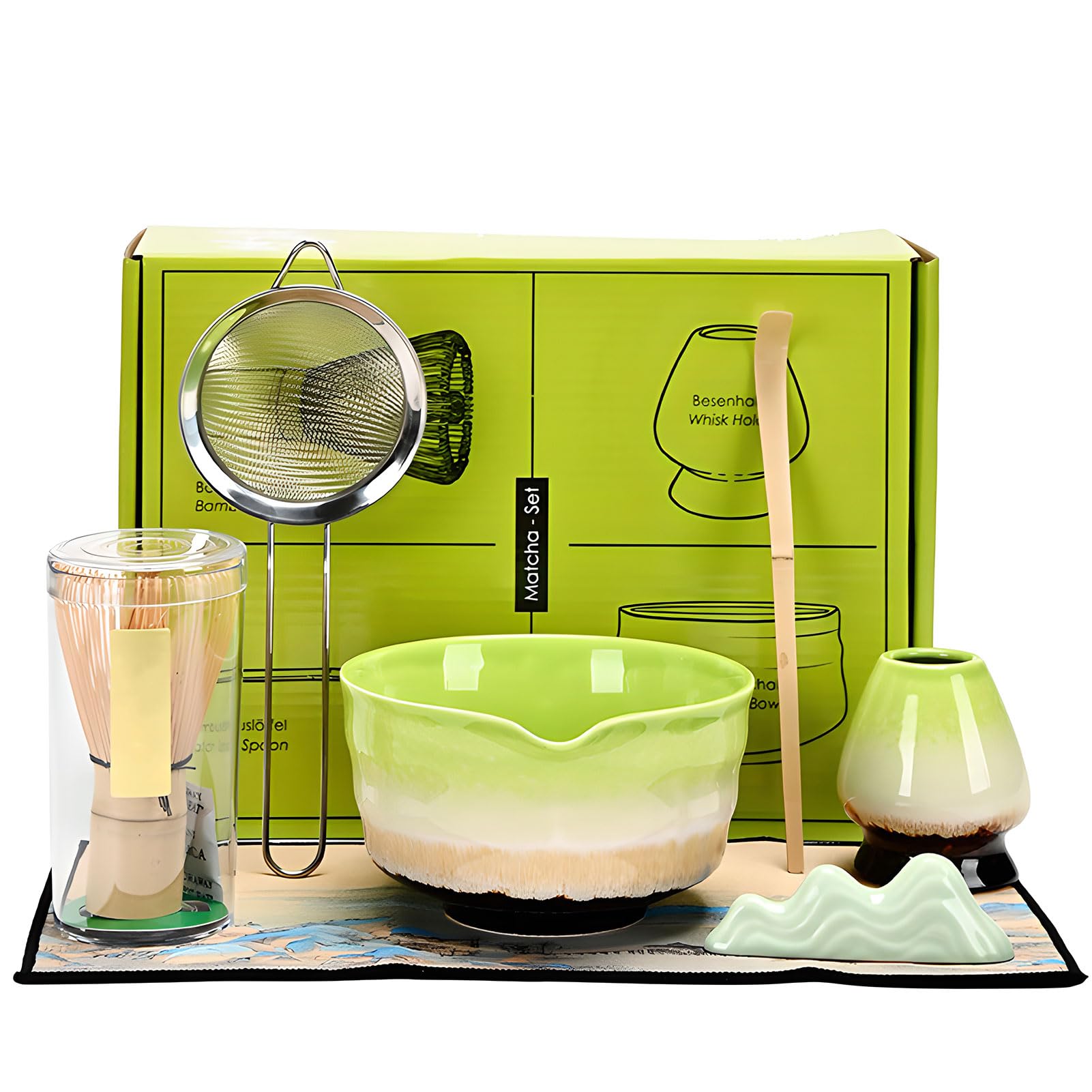 Juego de batidores Matcha de 5 piezas, cuenco Matcha con boquilla, batidor de bambú, soporte para batidor, cuchara para té, colador de polvo, para principiantes y amantes de la cultura del té