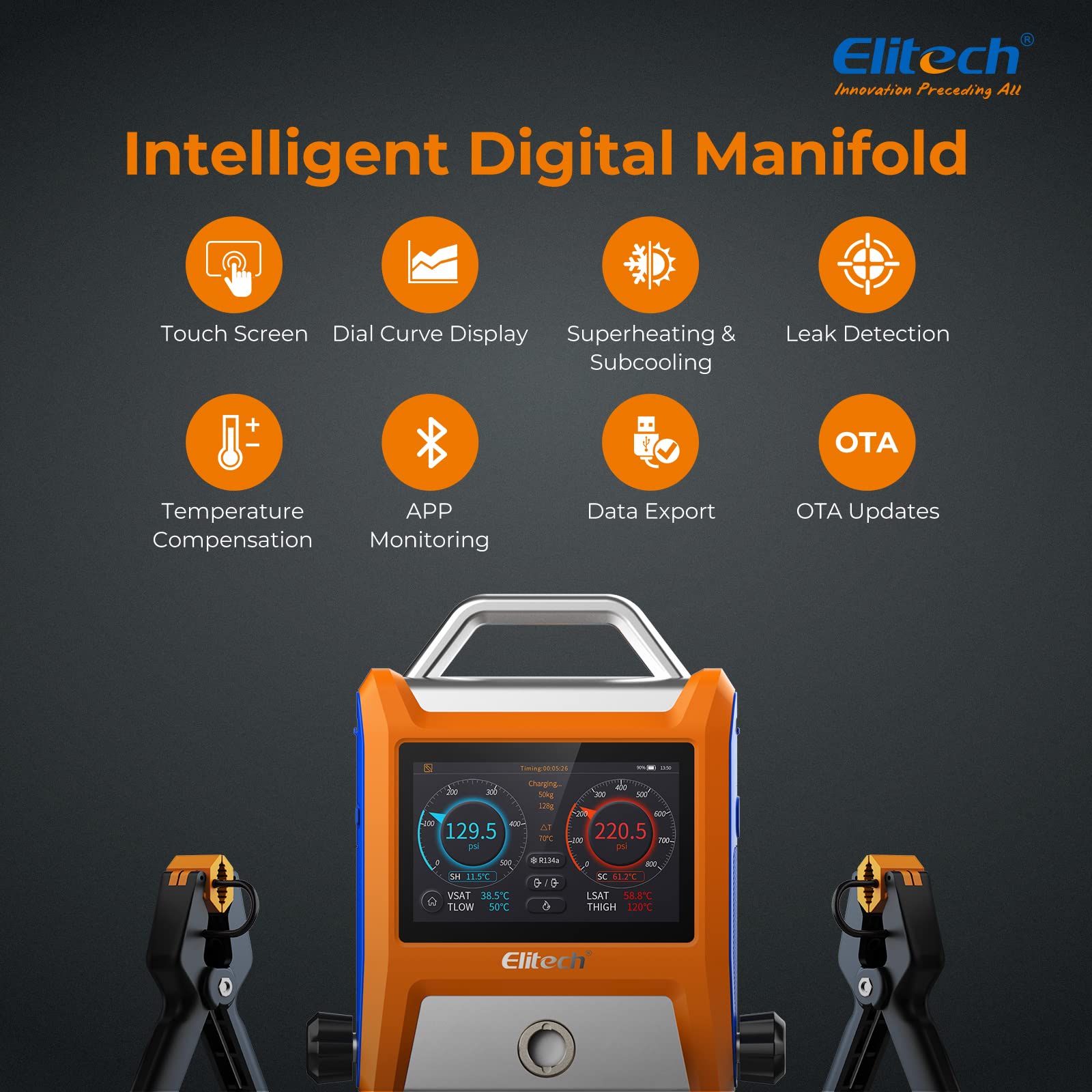 Elitech EMG-20V Manometro digitale HVAC intelligente a tre porte con sensore di vuoto Termometro morsetti tubi flessibili