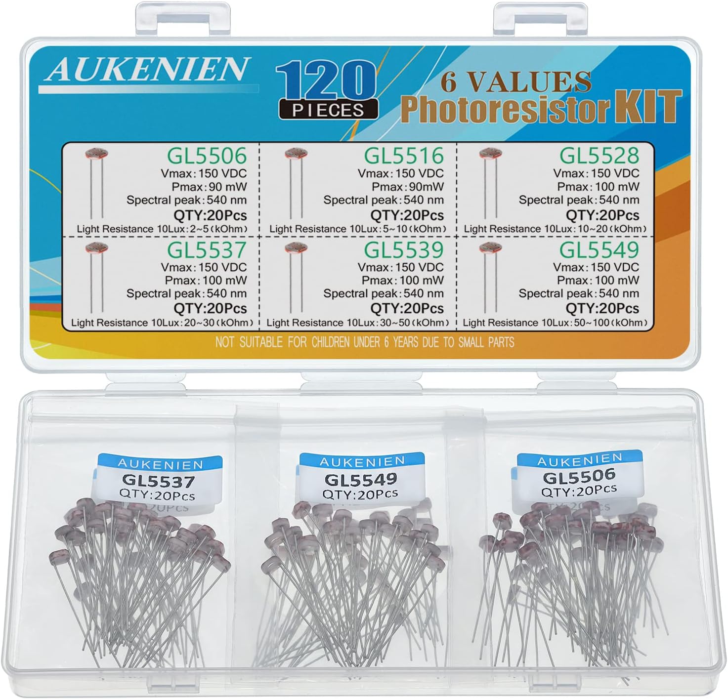 Photoresistor 6 Values 120pcs Photo Resistor GL5506 GL5516 GL5528 GL5537 GL5539 GL5549 5506 5516 5528 5537 5539 5549 5MM Foto Sensitive Light Dependent Resistors Kit