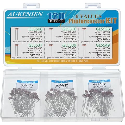 AUKENIEN Photoresistor LDR 6 Values Pack of 120 Photoresistor GL5506 GL5516 GL5528 GL5537 GL5539 GL5549 5506 5516 5528 5537 5539 5549 5MM Photo Resistor Kit