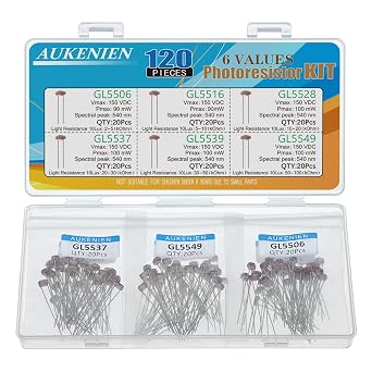 AUKENIEN 6 Values Photoresistor IDR 120 Pieces Light Dependent Resistance Sensor 5MM GL5506 GL5516 GL5528 GL5537 GL5539 GL5549 5506 5516 5528 5537 5539 5549