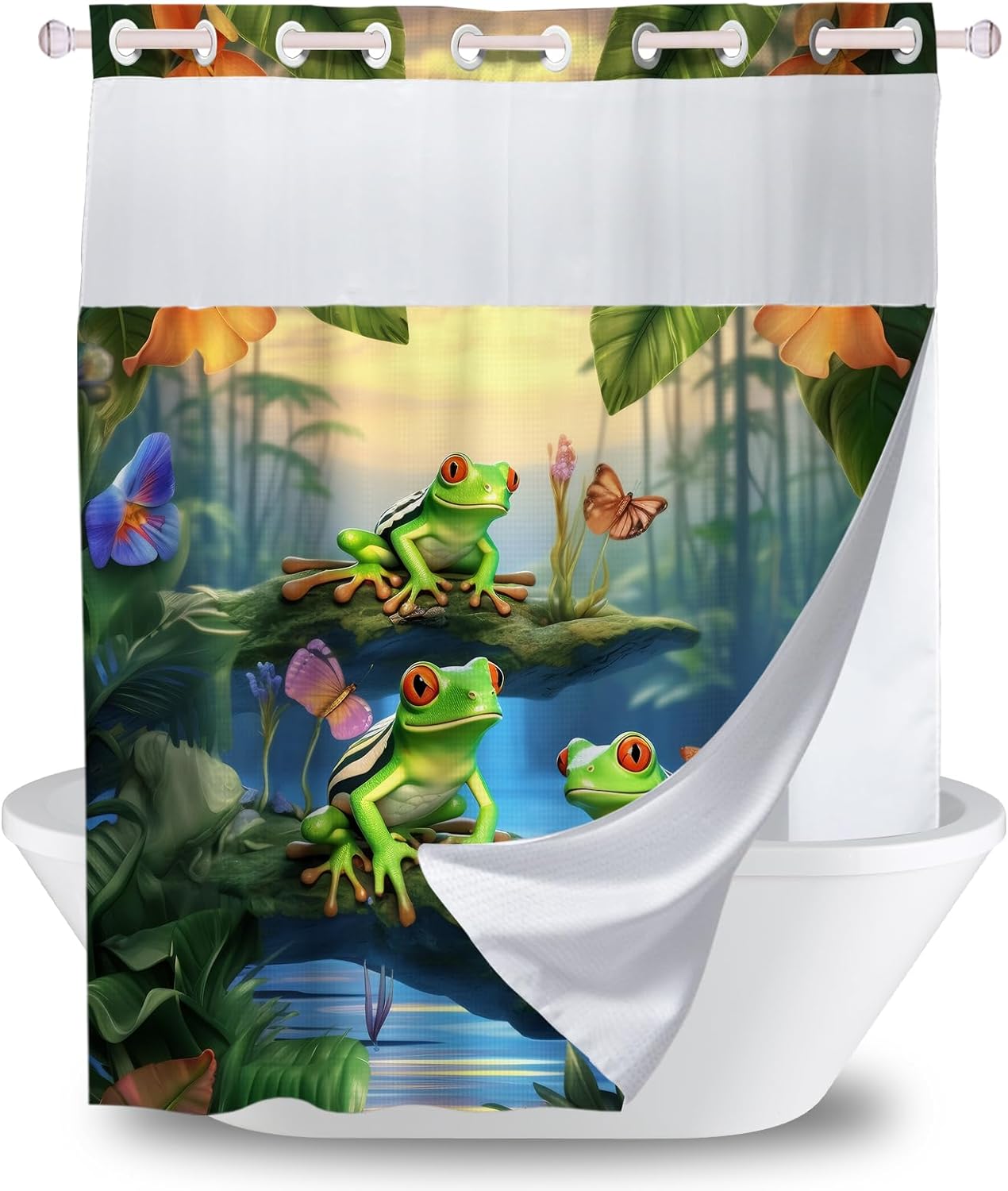 Frog Floral Theme No Hook Shower Curtain with Snap in Liner, Waffle Fabric Hotel Botanical Shower Curtains and Liner Set Washable, Bathroom Decor Double Layer Waterproof with Mesh Window 72Wx74H inch