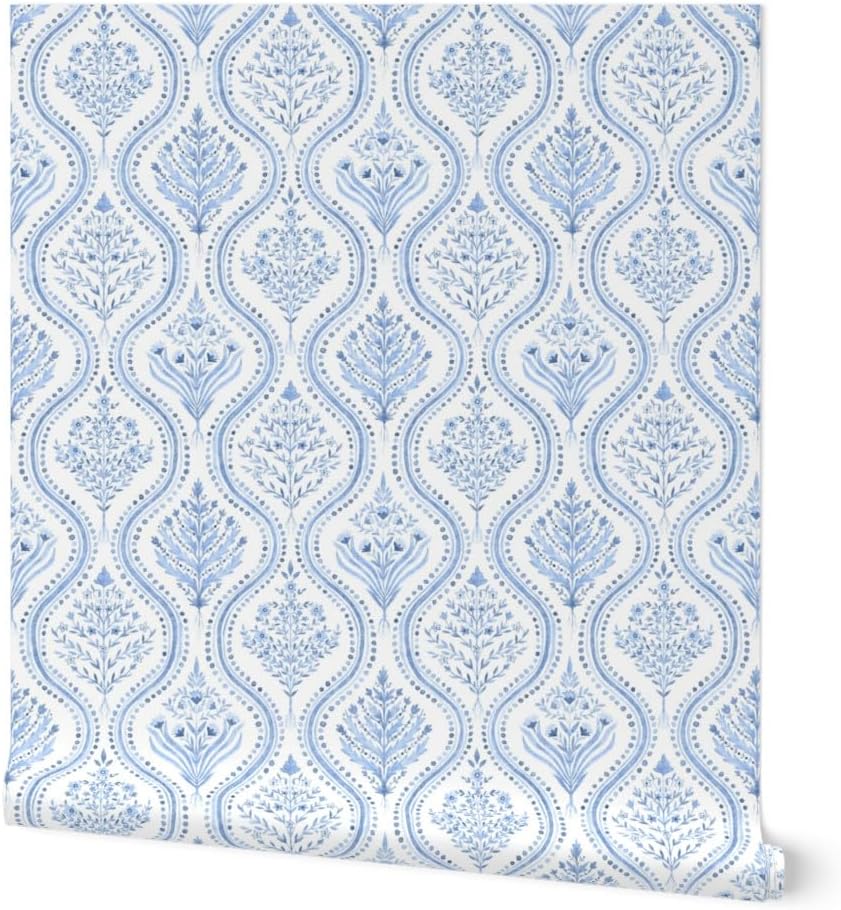 Spoonflower Peel & Stick Wallpaper 6ft x 2ft - Paisley Damask Indian Block Print Large Traditional Curve Ogee Classic Preppy Grandmillennial Custom Removable Wallpaper