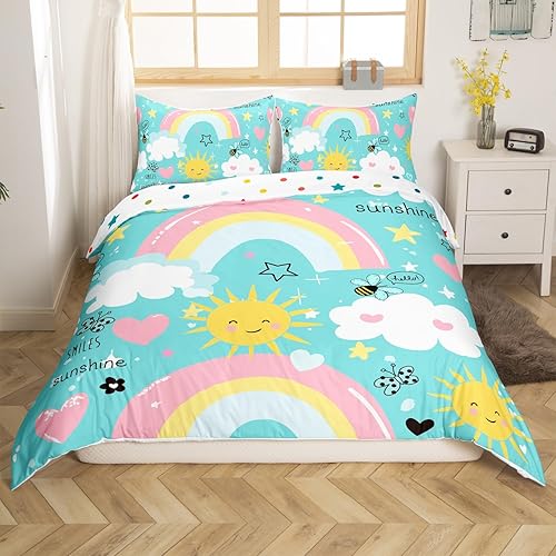 Erosebridal Ropa de cama de arcoíris, funda de edredón Kawaii con nubes de sol, tamaño matrimonial para niñas y niños, funda de edredón de linda