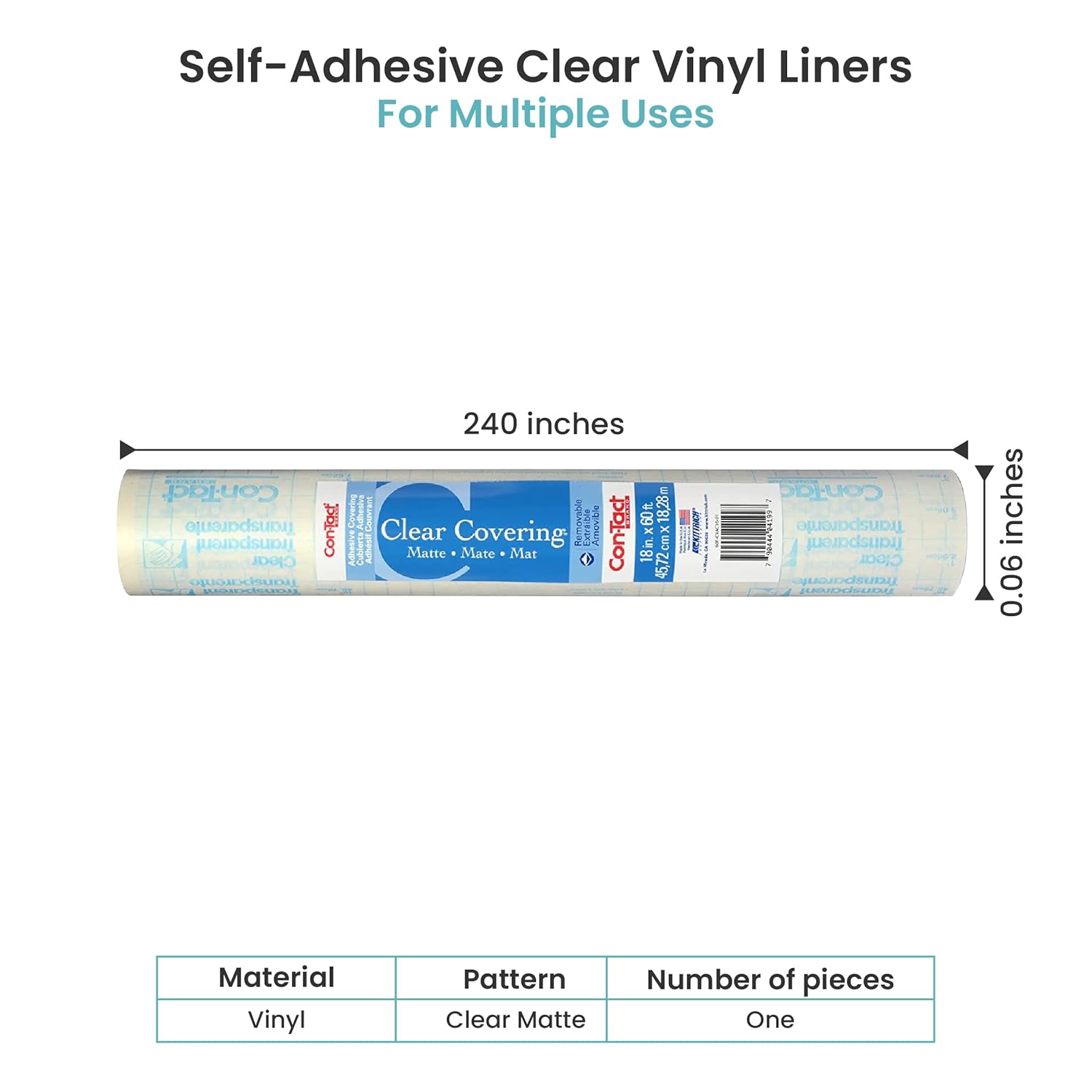 Con-Tact Brand Creative Clear Covering, Versatile and Self-Adhesive Shelf Liner, Semi-Transparent Privacy Film, Protective Clear Vinyl, 18'' x 60', Clear Matte