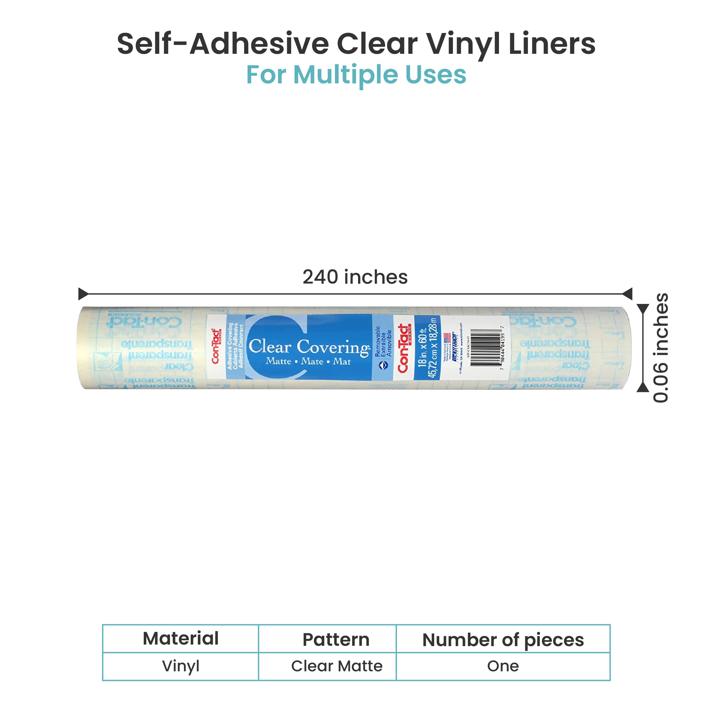 Con-Tact Brand Creative Clear Covering, Versatile and Self-Adhesive Shelf Liner, Semi-Transparent Privacy Film, Protective Clear Vinyl, 18'' x 60', Clear Matte