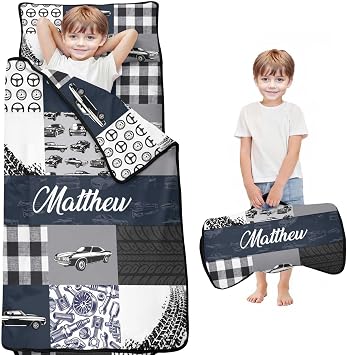 Personalized Toddler Nap Mat with Name Custom Patchwork Design Sleeping Bag with Pillow & Blanket for Boys Ideal Slumber Bags for Daycare, Preschool & Kindergarten