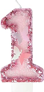 1th Birthday Candles，Glitter Butterfly Cake Toppers Pink Sequins Wedding Numeral Cupcake Decorations，Suitable for Girl and boy Wedding Cakes, Party Celebrations, Birthday Decorations