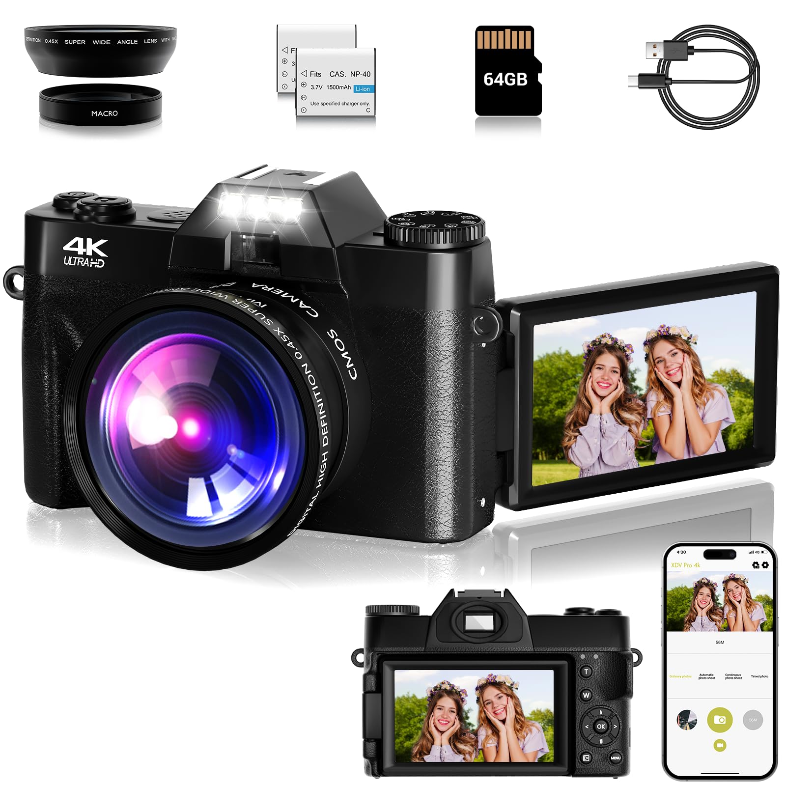 SMARTKLIK Vlogging Camera,4K 48Mp Digital Camera For Photography,16X Digital Zoom,Vlogging Camera For Youtube With180 Degree Flip Screen,Wide Angle Lens,2 Batteries And 64Gb Micro Sd Card(Black)