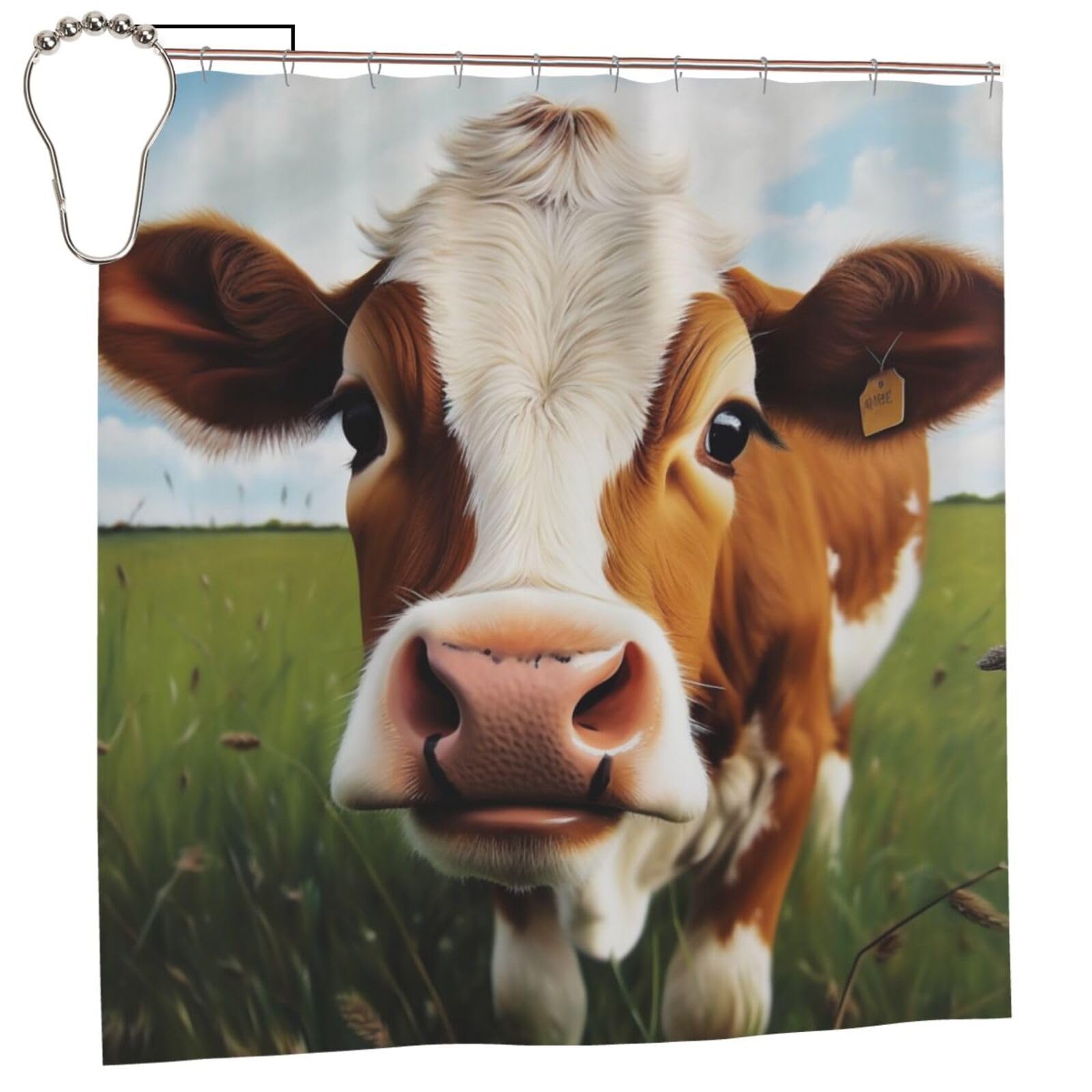 BWWHCCTI Cute Cow Printed Shower Curtain With 12 Iron Hooks Opaque Quick Drying Waterproof Shower Curtains Sets For Bathroom 183x183 CM