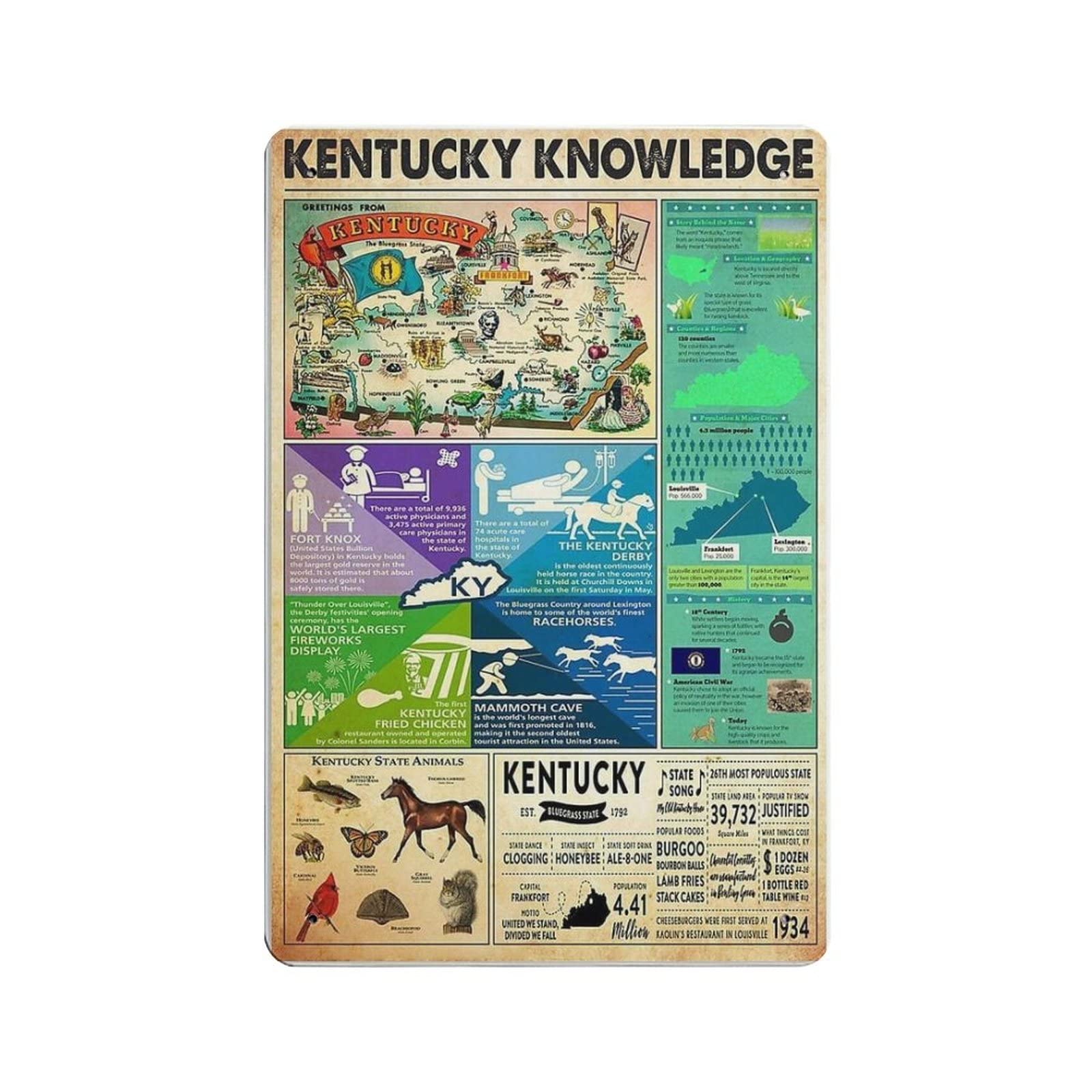 rayprint Kentucky Knowledge Poster Metal Tin Sign Art Wall Plaque Decor Vintage Retro Sign Iron Painting Aluminum Sign for Home Decor Bar Shop Men Cave Outdoor Garage Indoor 12"x8"