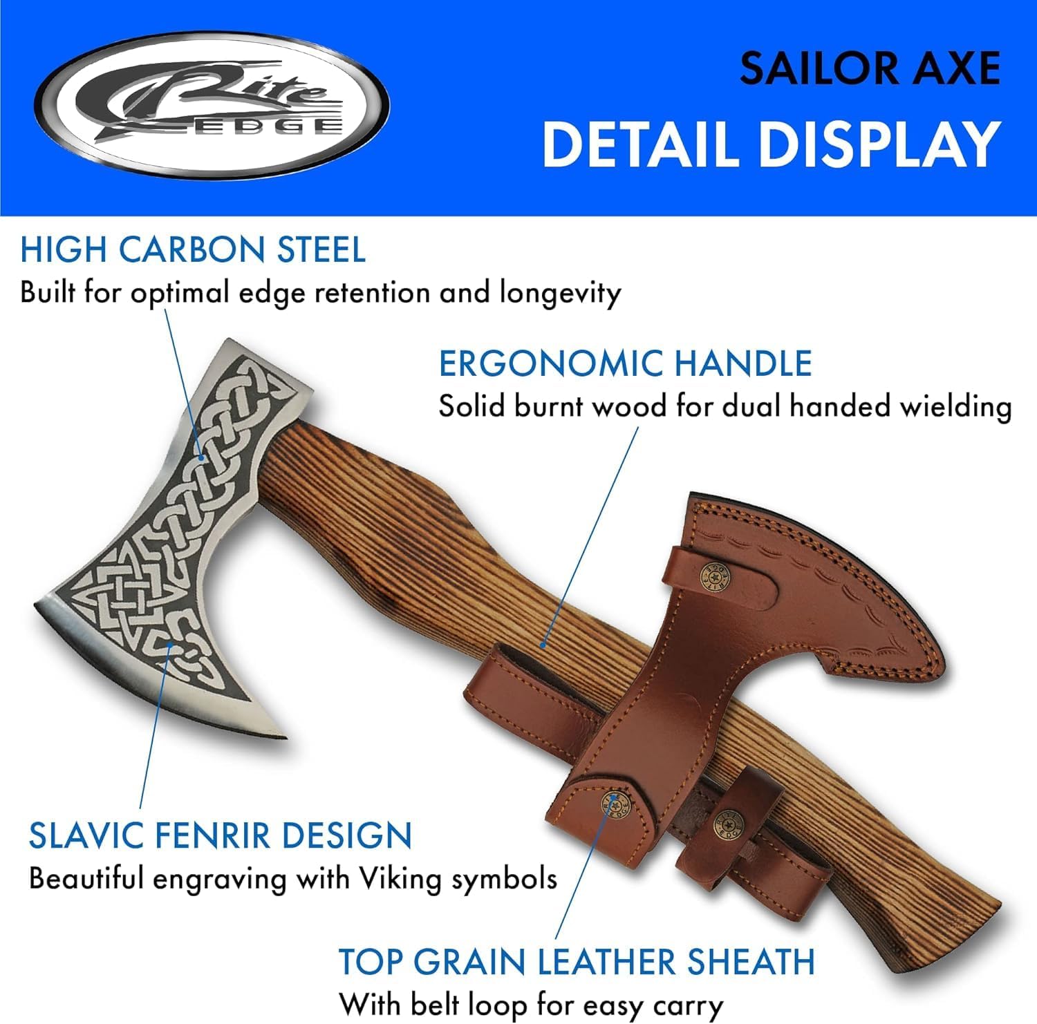 SZCO Hand Forged Celtic Knot Axe 18.75 Inch - Camping Axe with Carbon Steel Blade, Ash Wood Handle - Medieval Sailors Axe for Outdoor, Display, Costume & Collectors - Ideal Gift for Men