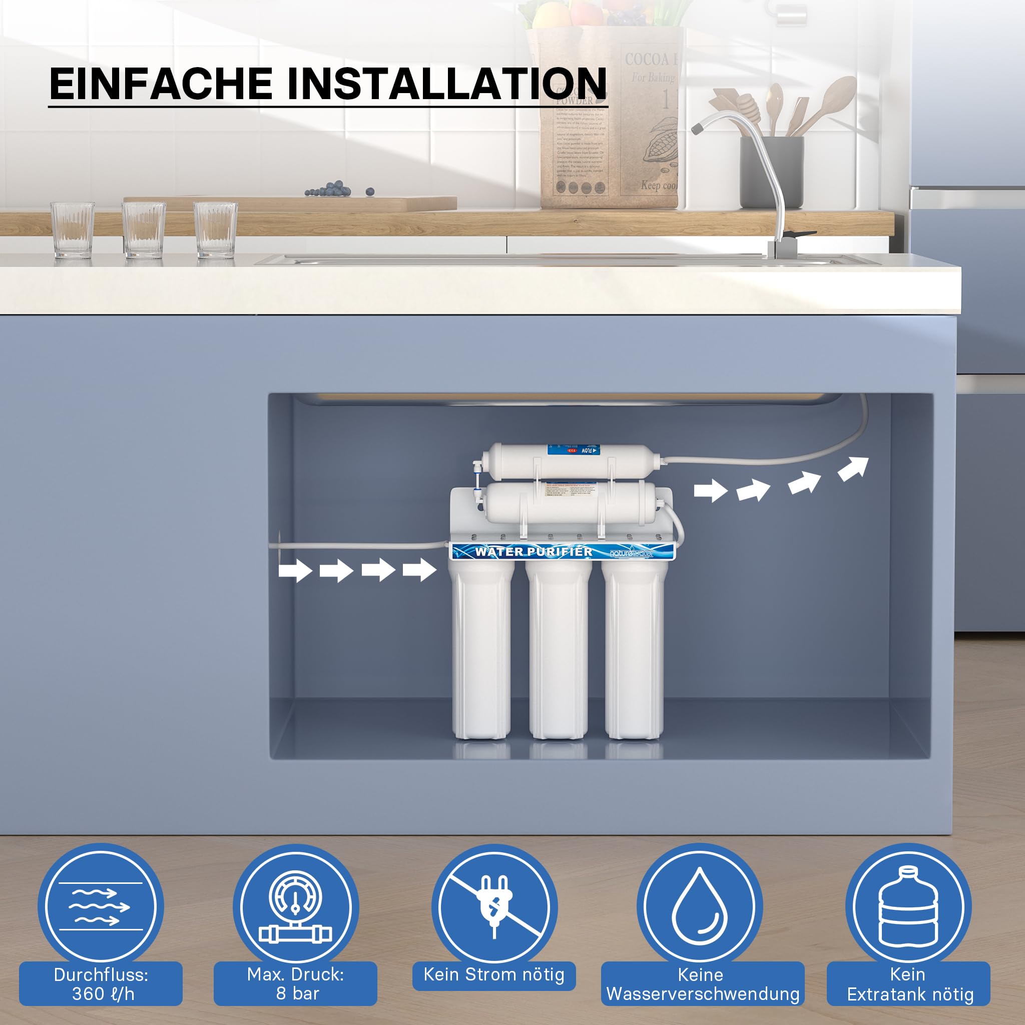 Naturewater NW-PR305 5 Stufen Wasserfilter, 5 µ, PP Kartusche, Untertischfilter Wandhalterung, Filterschlüssel, Sedimentfilter Aktivkohle, Wasserhahn, 2,5m Schlauch, Kurzdreiwegeventil, Kugelhahn