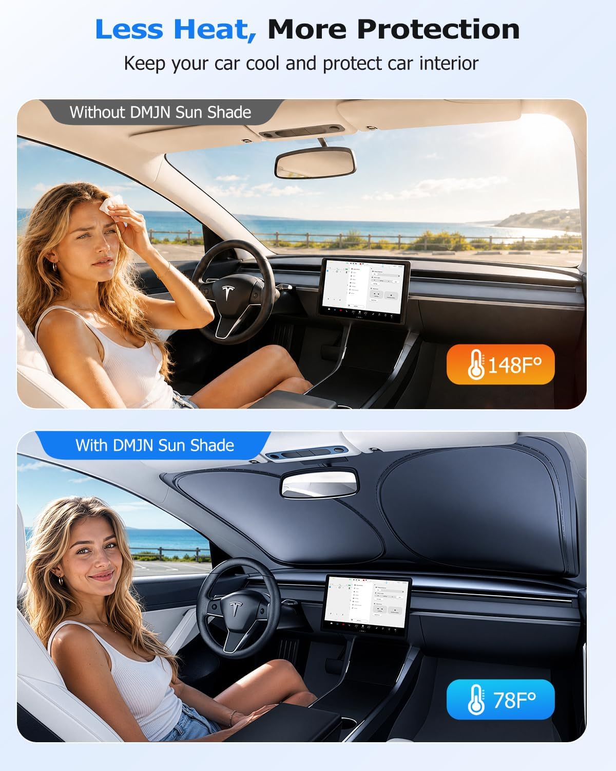 DMJN Front Windshield Sun Shade for Universal Large Size, [Nano Ice-Crystal Coatings] UPF50+ Heat & UV Block, Protect Car Interior & Keep Cool, Flodable Steel-Ring Car Cover for Summer