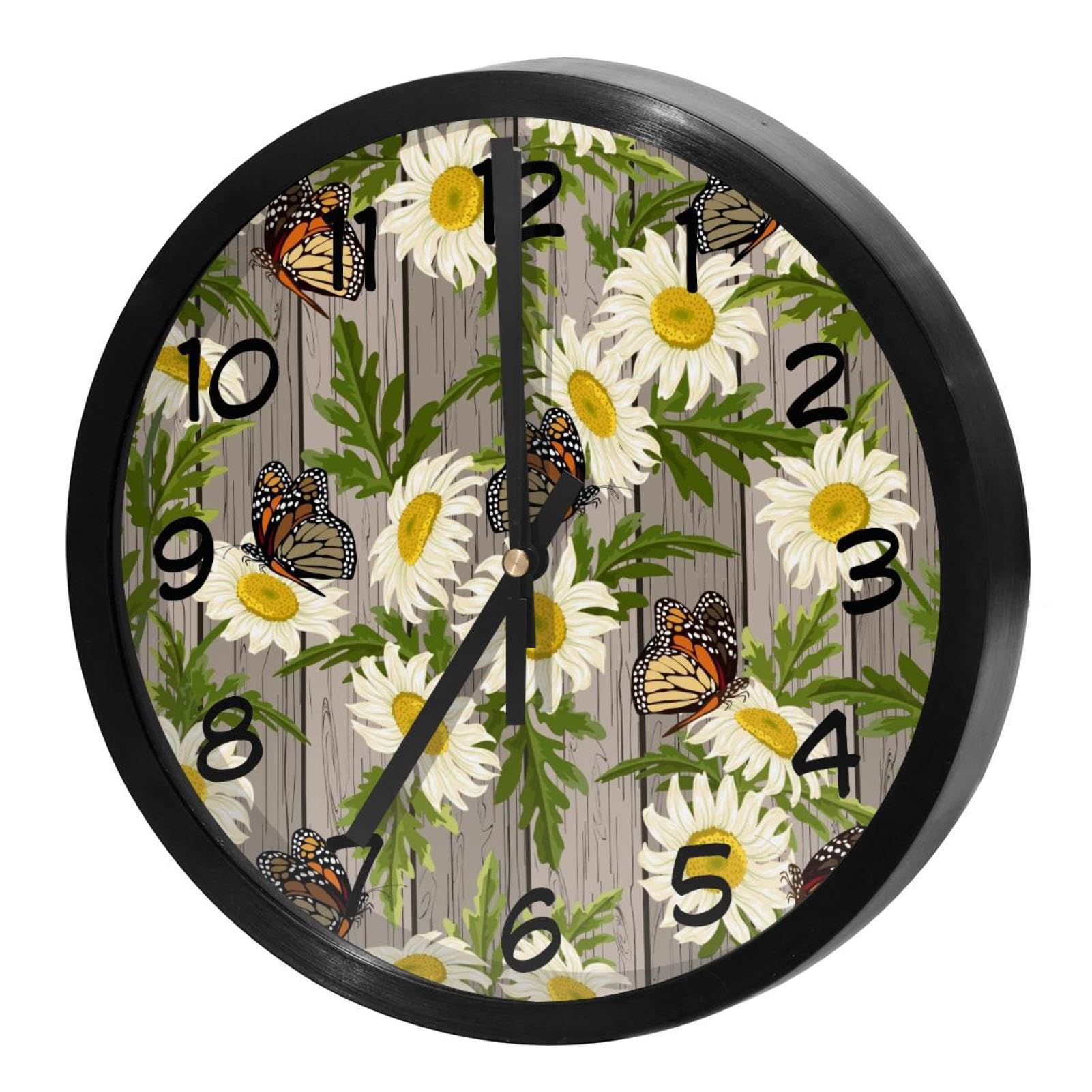 Horloge murale à quartz durable avec fond en bois illustré de papillon