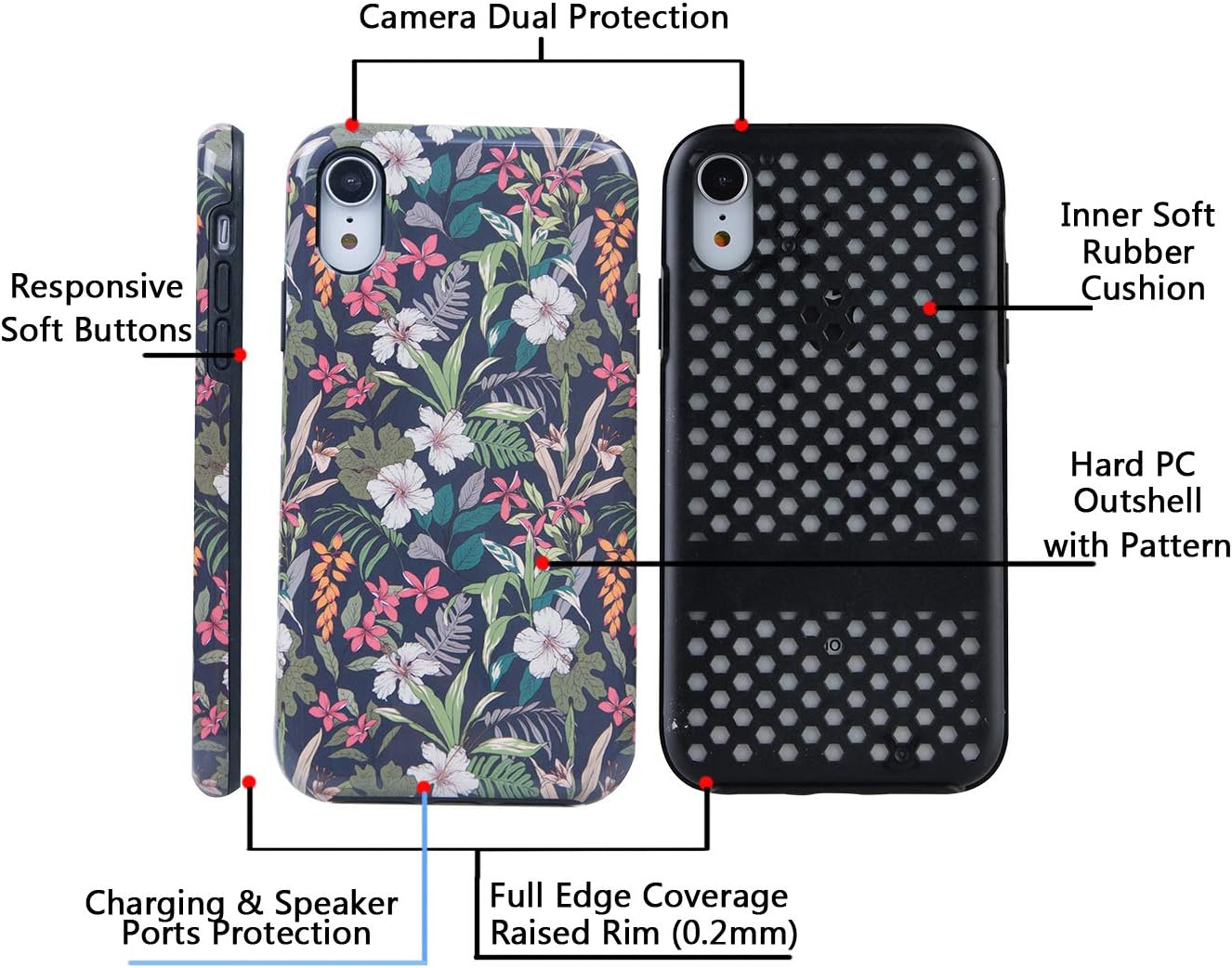Dimaka Case for iPhone XR,Dual Layer Cute Floral Leef Flowers Design for Girls,Hybrid Shockproof Hard PC Soft TPU High Impact Protective Case for iPhone XR(39, iPhone XR)