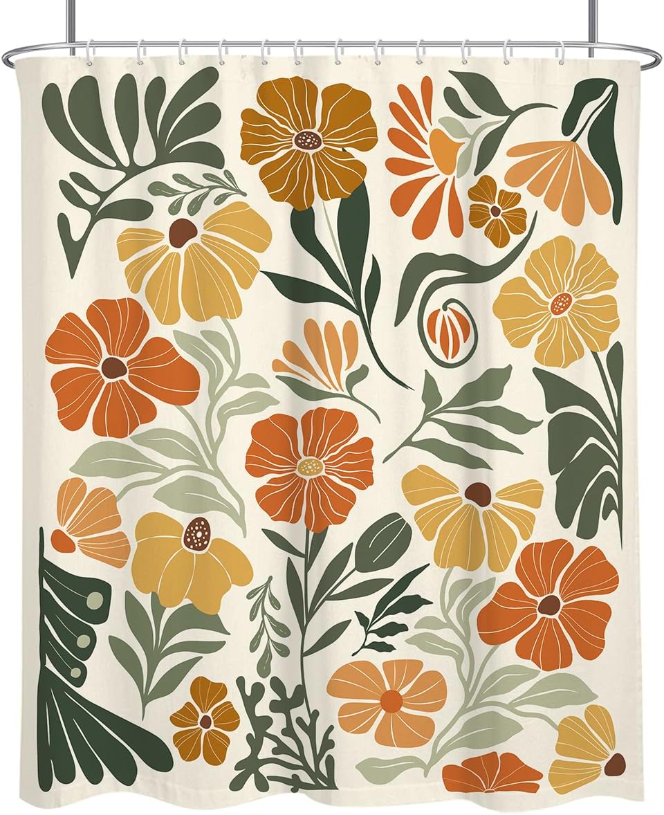 Boho Floral Shower Curtain Large Extra Long Spring Cute Vintage Orange Colorful Modern Flower Fun Abstract Retro Whimsical Funky Fabric Cloth Bathroom Decor Set 72x84 inch Polyester 12 Hooks