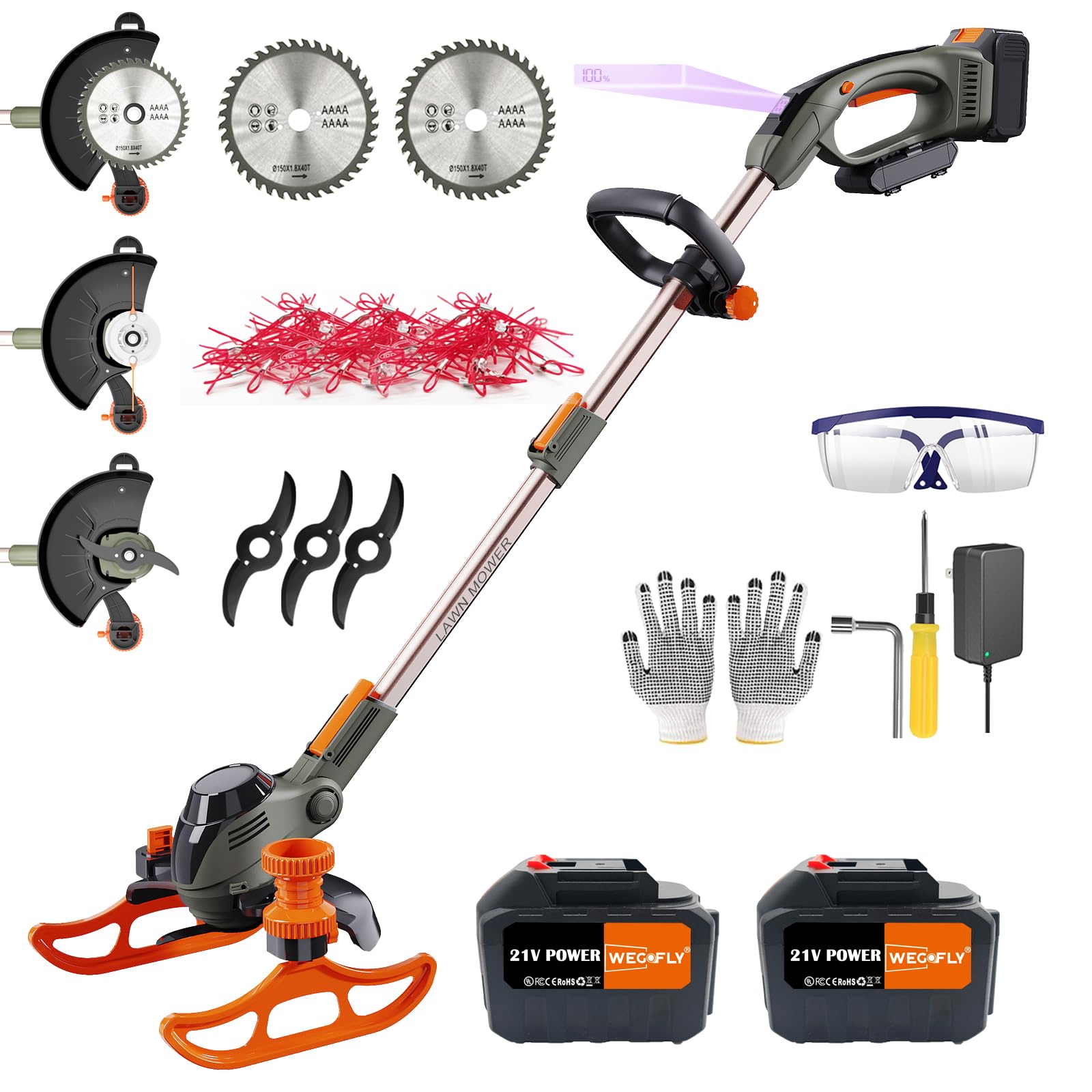 WeGofly Cordless Grass Trimmer, with (21V 2x Battery & Charger), 4-in-1 Electric Strimmer/Garden strimmer/Brush Cutter and lawn edger, with 2 x Saw Blades, 3 x Metal Blades, 30x Grass Cutting line