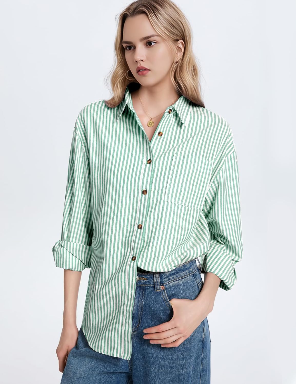 Flygo Womens Button Down Striped Shirt Casual Collared Cotton Oversized Long Sleeve Work Blouse Tops - Image 3