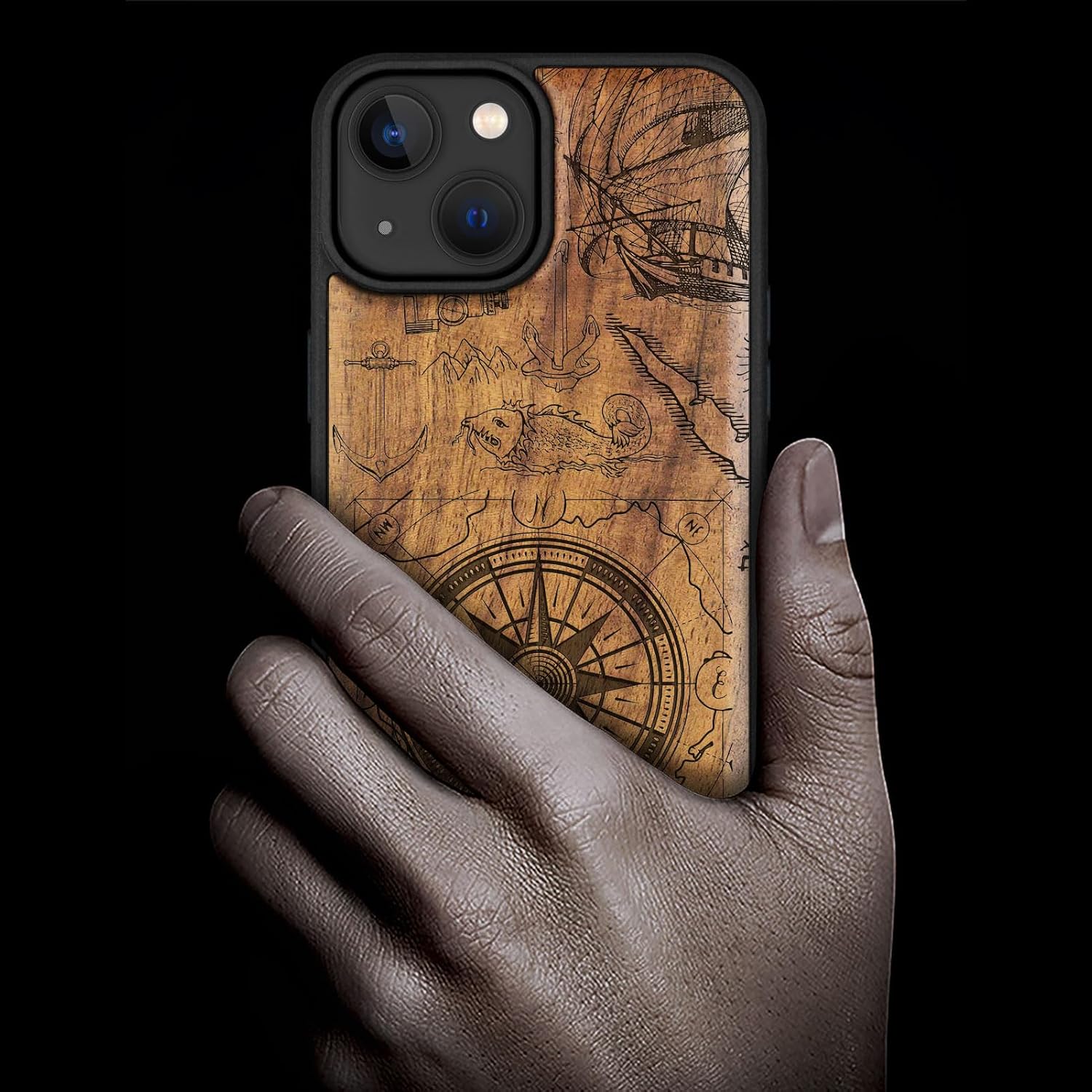 Carveit Magnetic Wood Case for iPhone 14 Case [Natural Wood & Black Soft TPU] Unique & Classy Wooden Shockproof Protective Cover Compatible with magsafe (Vintage Pirate Compass -Walnut)