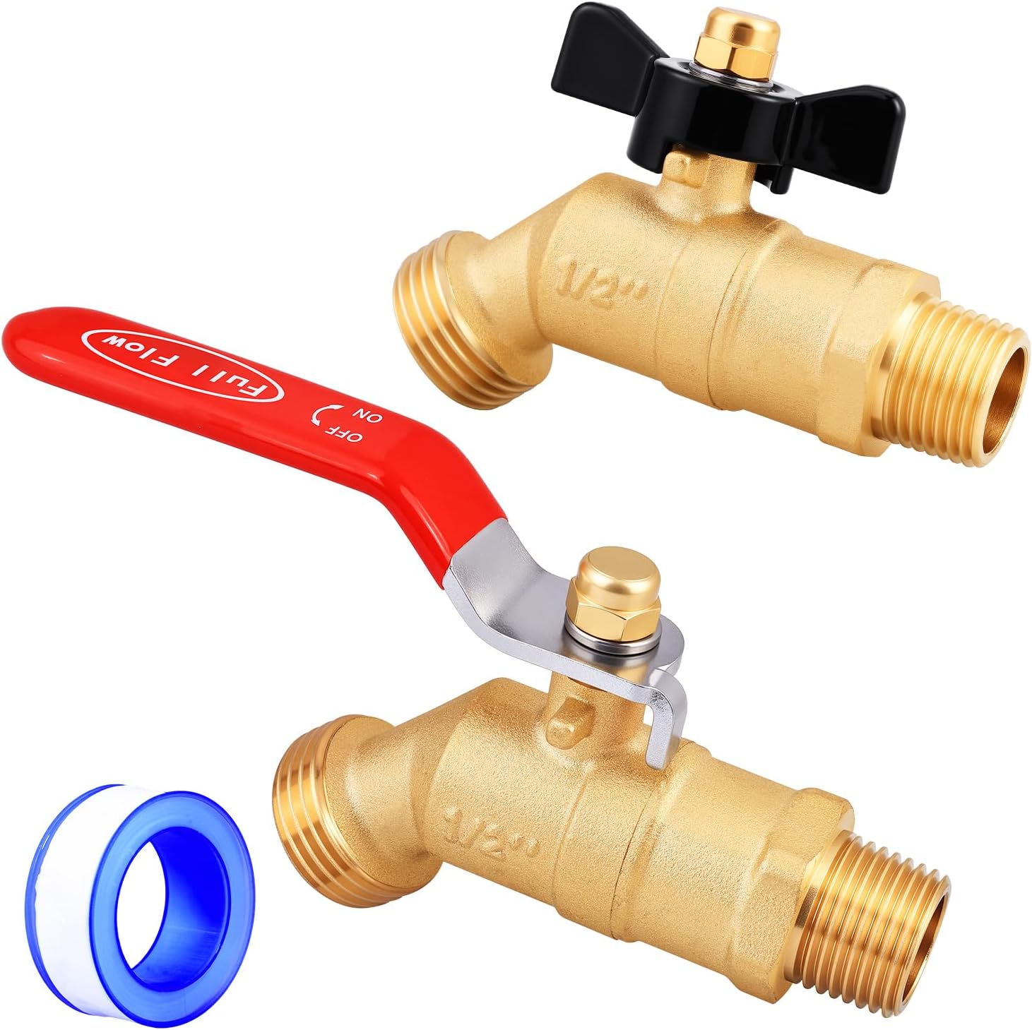 UNWAVER Garden Hose Full Flow Faucets Heavy Brass Bibb 1/2" Male NPT inlet Connection with 3/4" Male GHT water hose outlet (1/2 inlet Long Handle and Butterfly Handle 2PCS)