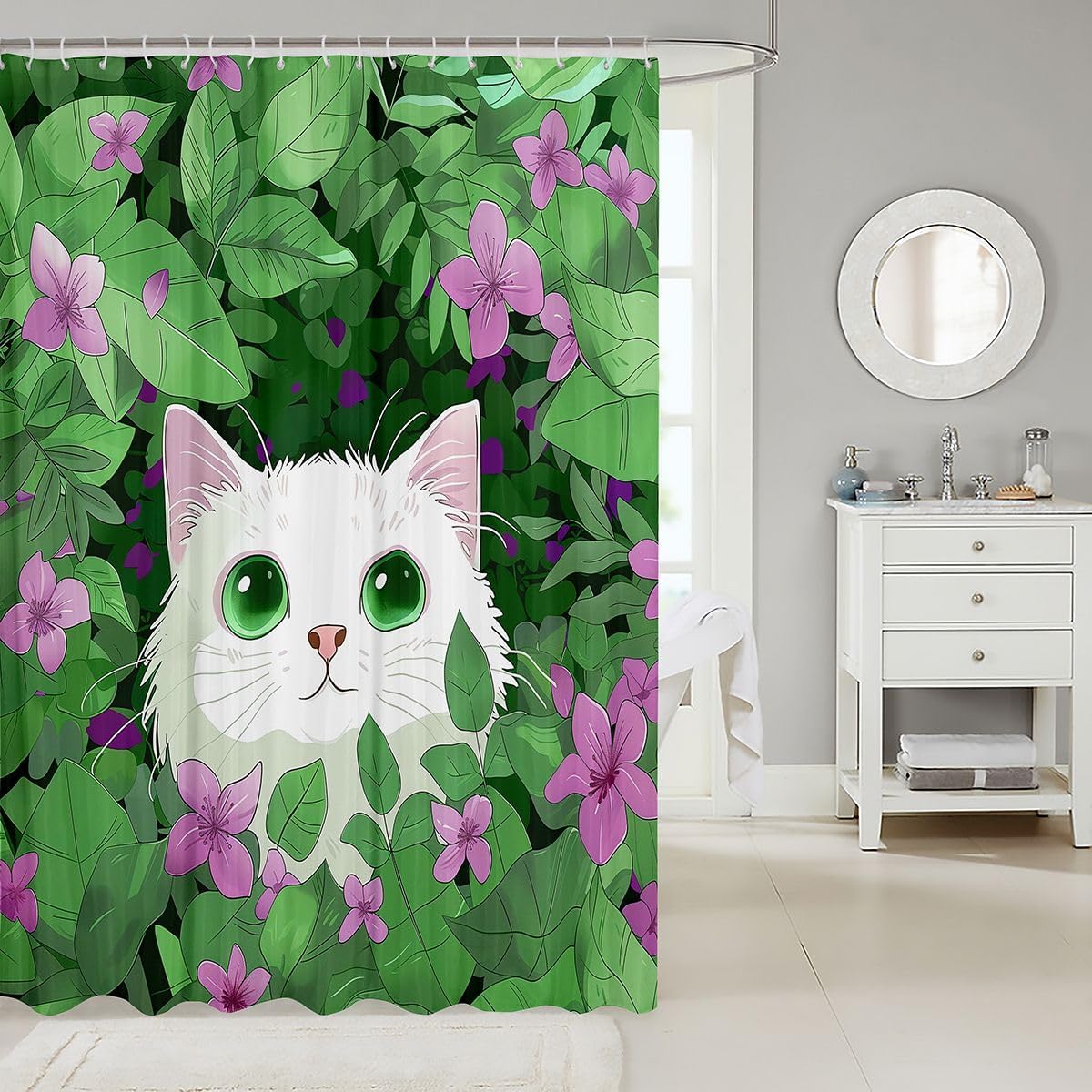 Erosebridal Kawaii White Cat Shower Curtain | Purple Flowers Bathroom Shower Curtain Sets Cartoon Pet Animals Waterproof Bathroom Curtains Animals and Plants Cute Cat Bath Curtain 72" Wx72 L image 2