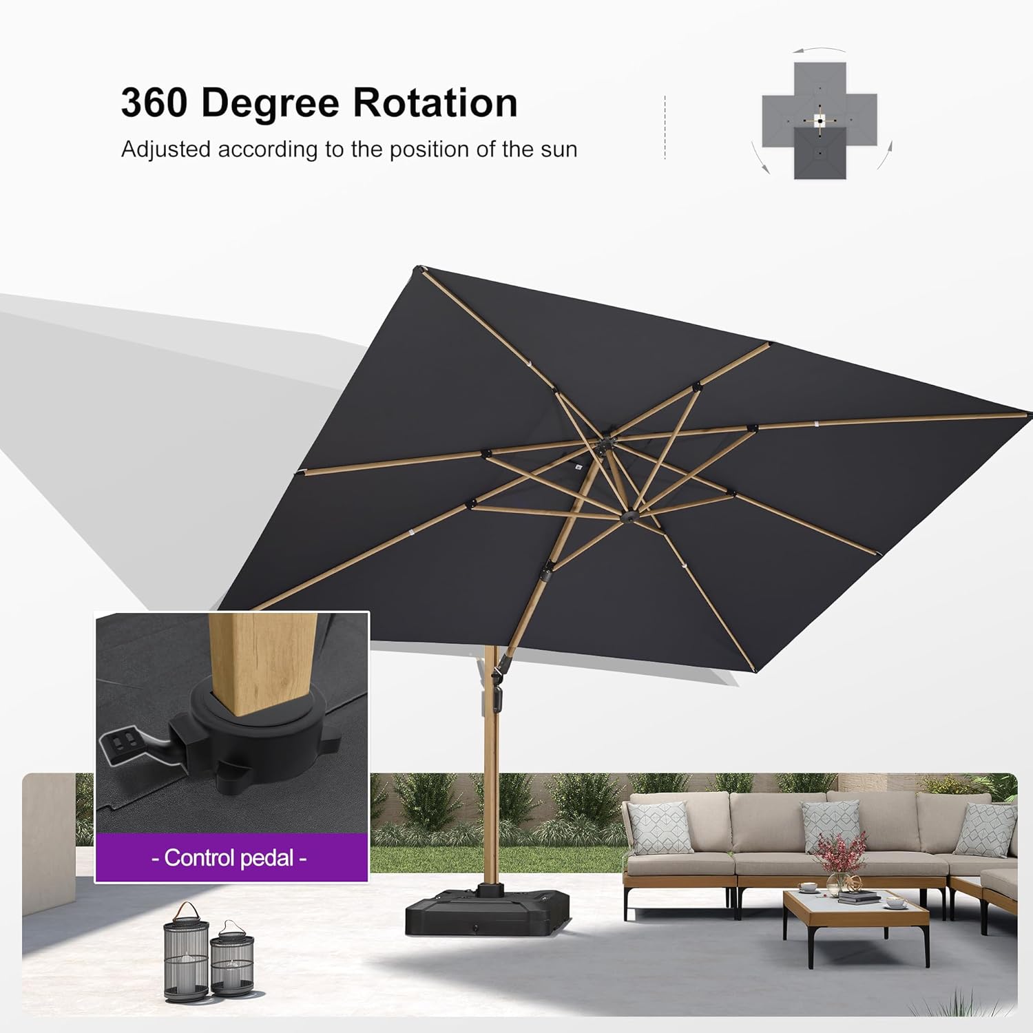 PURPLE LEAF 10' x 13' Rectangle Patio Cantilever Umbrella With Furniture Sofa Sets Large Hanging Umbrella Teak Finished Aluminum Frame Windproof Offset Outdoor Sun Umbrellas for Beach Pool Deck, Grey