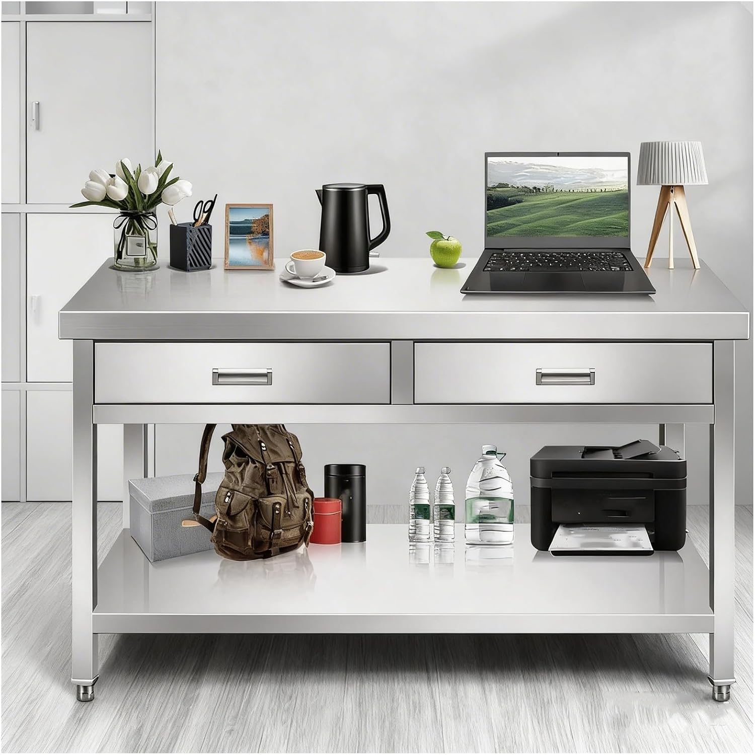Heavy-Duty Stainless Steel Workbench with Two Drawers Handles Reinforced Uprights and Adjustable Legs Kitchen Work Table with Storage Shelf Brushed Finish Water Proof Suitable for Workshop Use