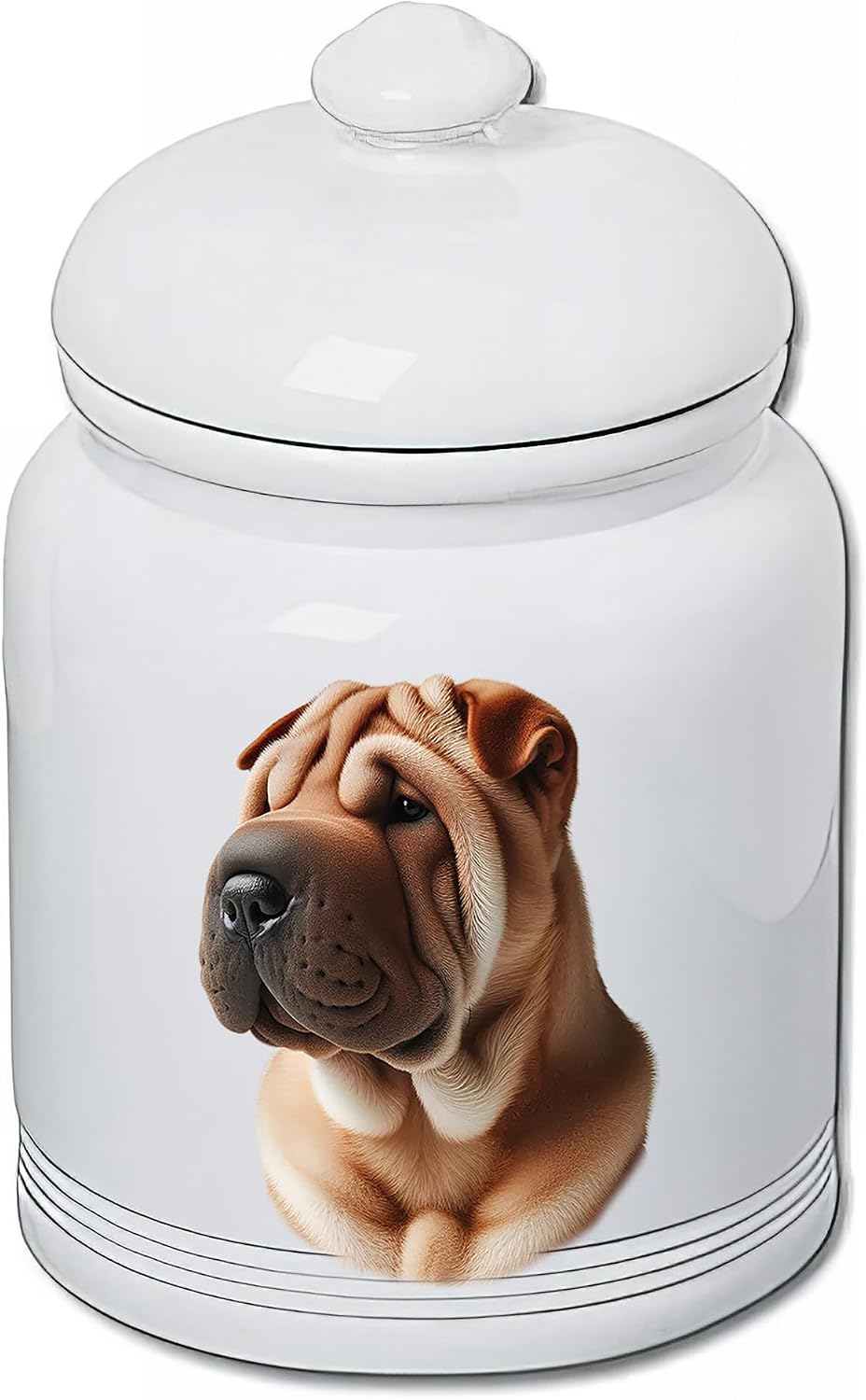 Best of Breed Shar Pei Fawn Dog and Cat Ceramic Treat Jar 9" Tall Air Tight Seal All White