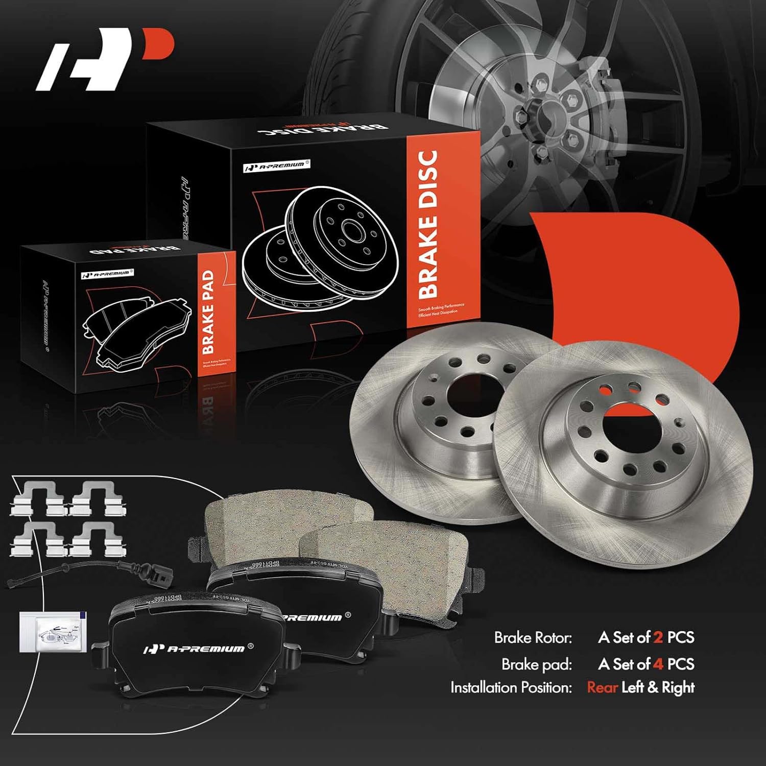 A-Premium 11.87 inch (301.7mm) Rear Solid Disc Brake Rotors + Ceramic Pads Kit Compatible with Select Audi Models - A6 2006-2011, A6 Quattro 2005-2010, 6-PC Set