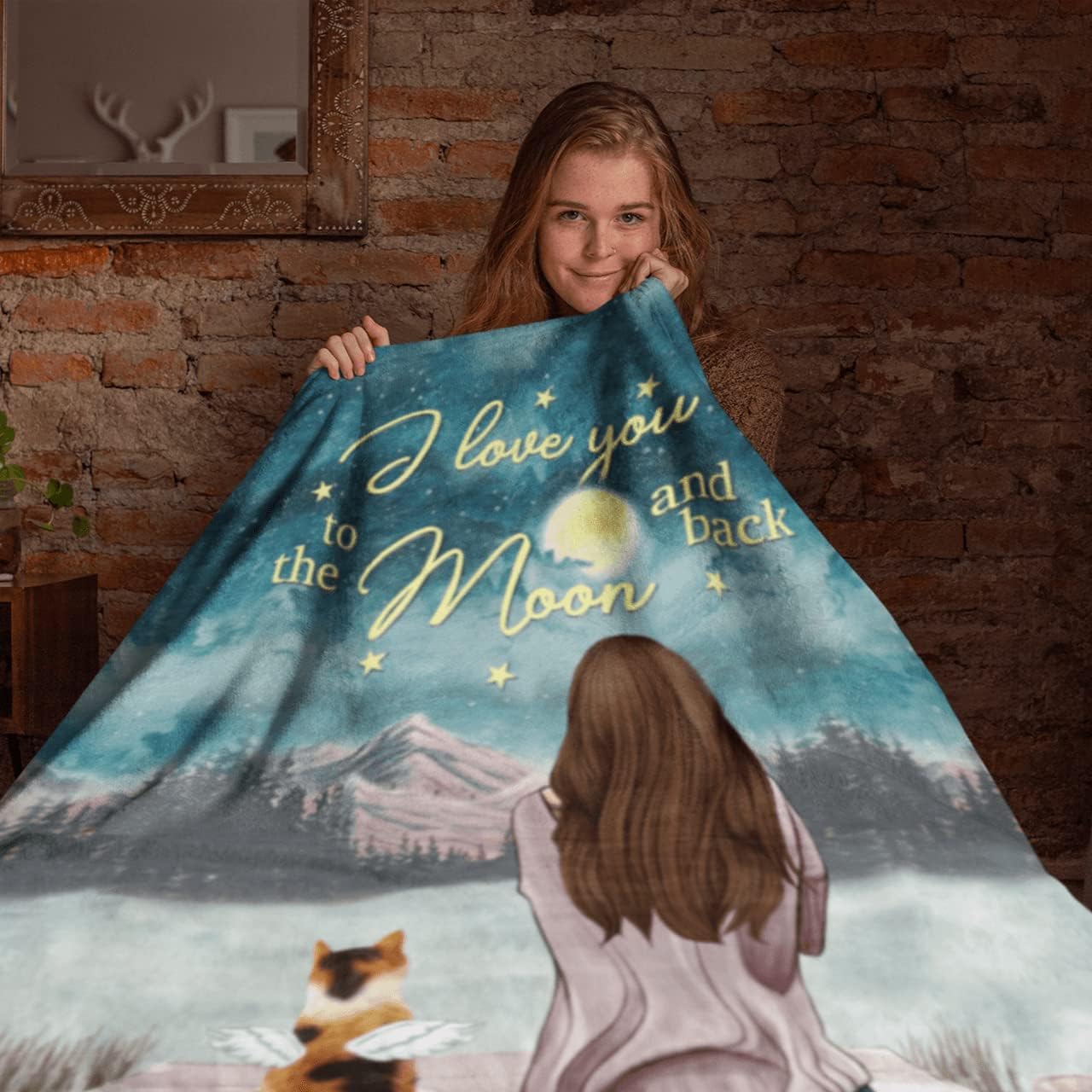 Gossby Personalized Cat Fleece Blanket - Custom Cat Mom Gift with Design, Name, Cat Breed - Birthday, Mothers Day, Christmas Cat Lover Women Gift - I Love You to The Moon and Back - Girl and 2 Cats