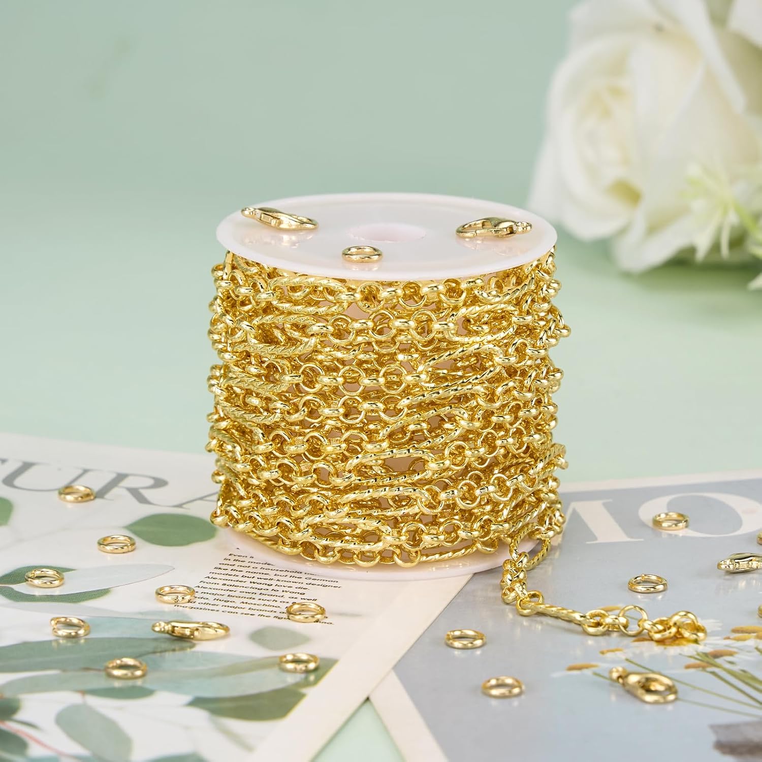 3 Meters Mixed Material Chain Roll 18K Gold Plated Circle Chains Bulk Embossed Paperclip Jewelry Links for Women Men DIY Handcraft Finding Jewelry Supplies