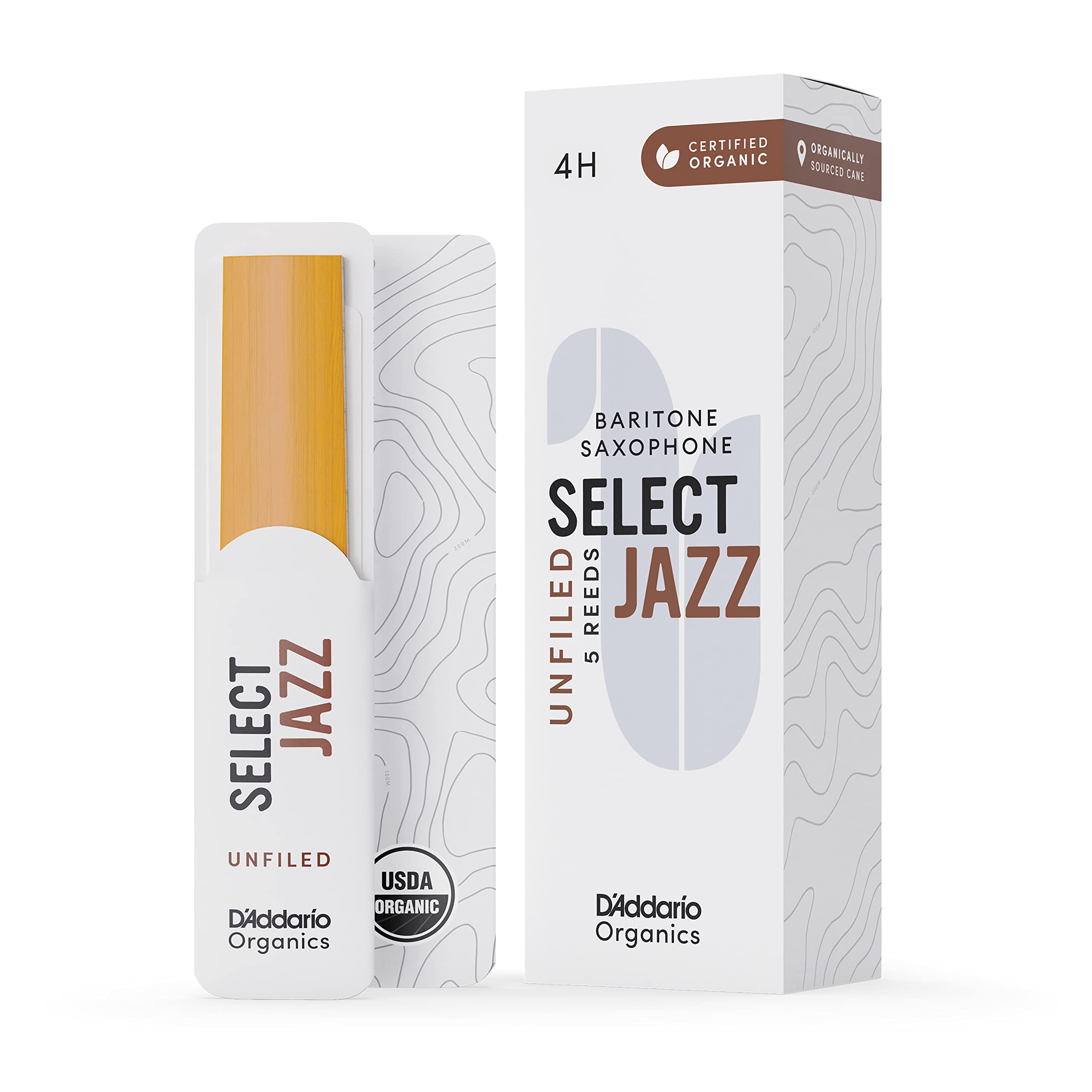D'Addario Orgánico Select Jazz Unfiled Baritone Cañas para Saxofón - Cañas de Saxo - La Primera y única Caña Ecológica - 4 Duro, 5 Paquete