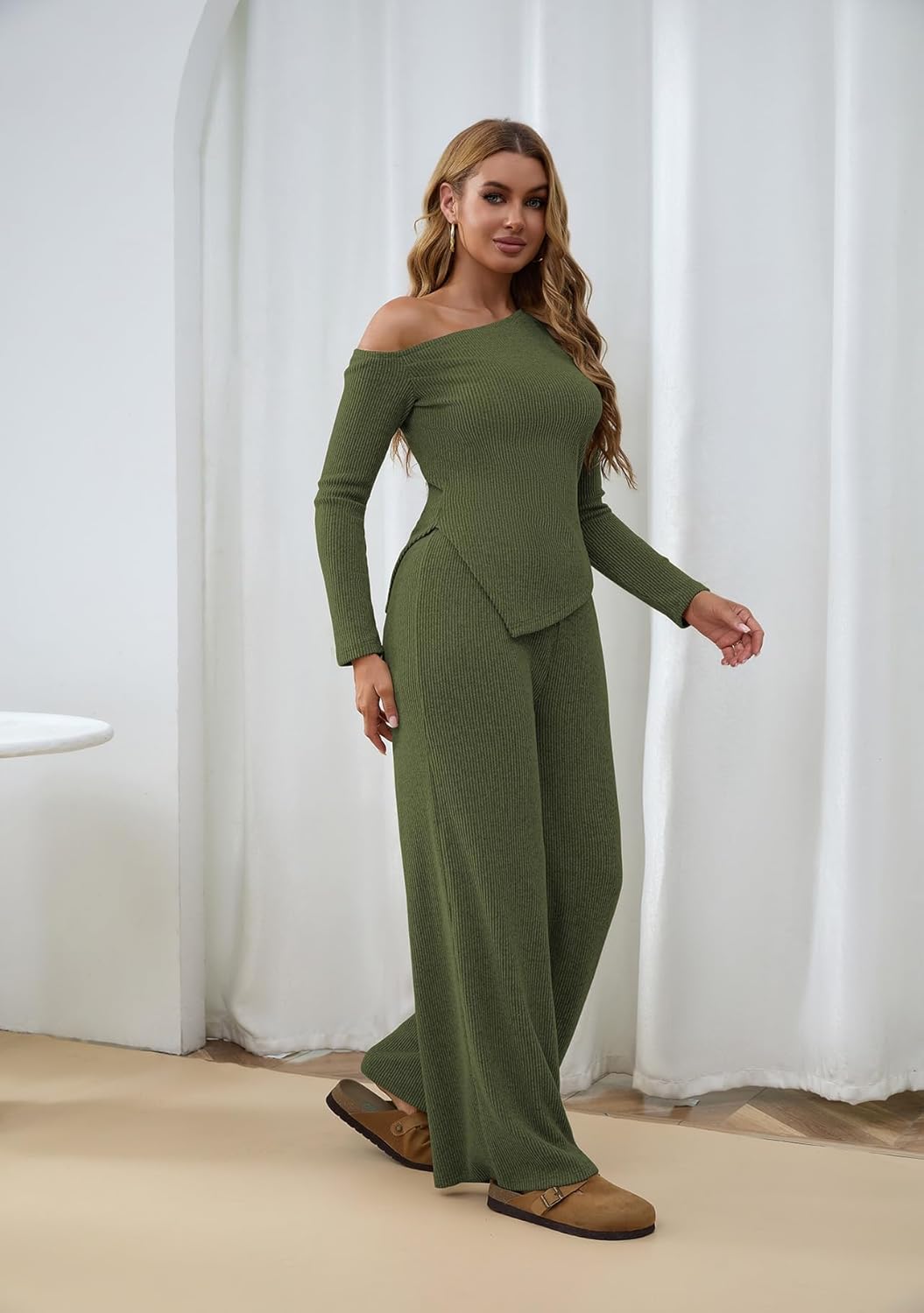 Mrskoala Women Two Piece Outfits Sets Lounge Off Shoulder Wide Leg Pant Tracksuit - Image 5