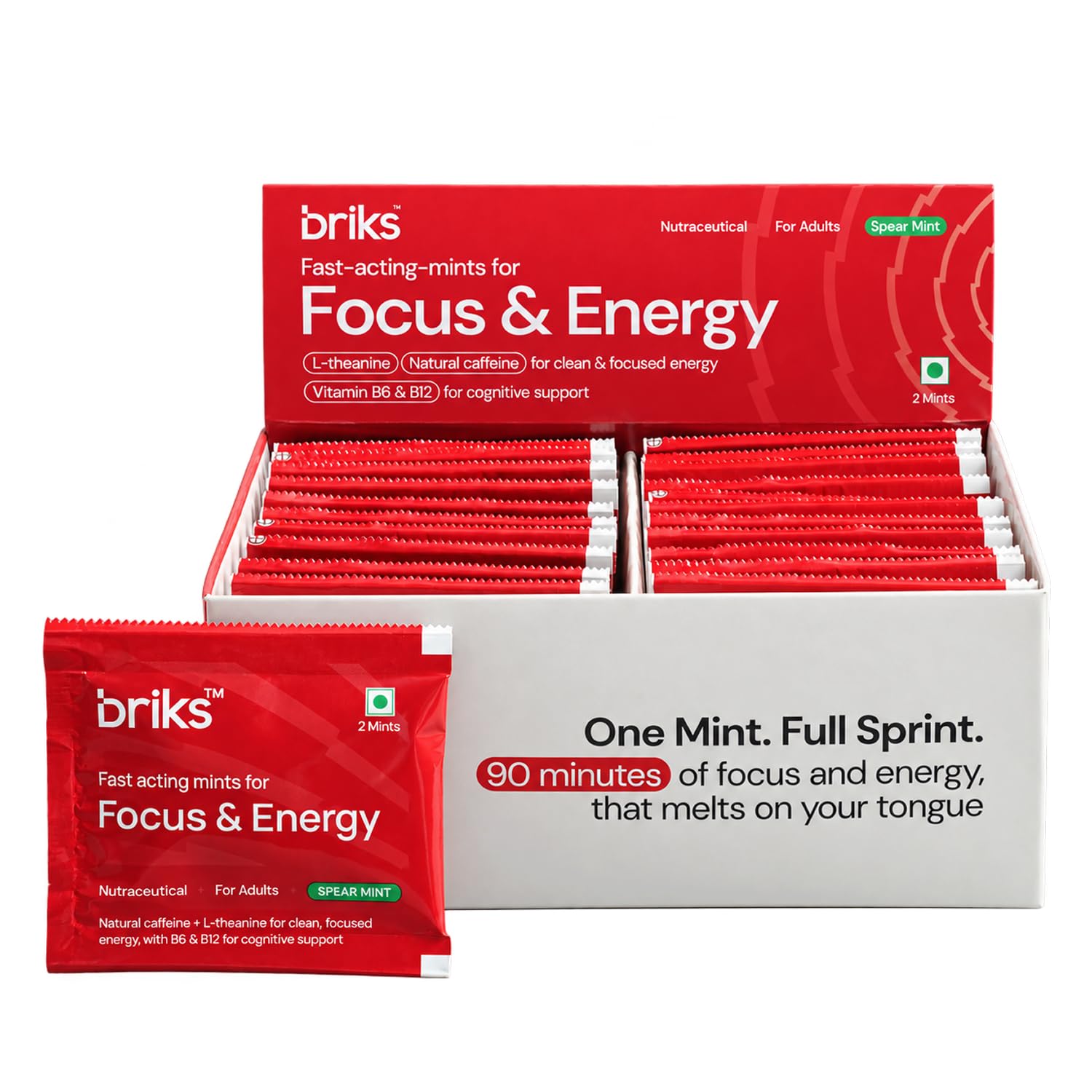 Briks Focus & Energy Mints | Fast-Acting Energy, Focus, and Cognitive Support | Natural Caffeine + L-Theanine + Vit B6 & B12 | No Added Sugar | 48 mints
