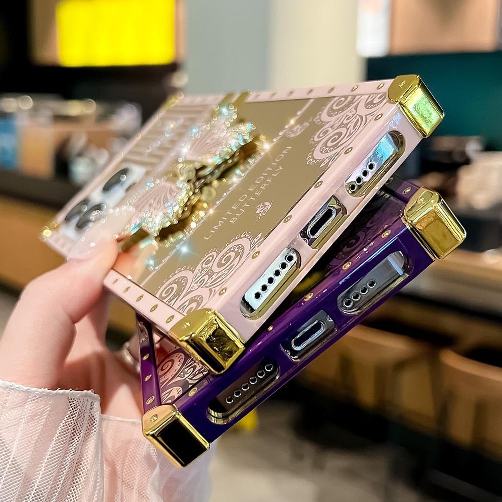 Cute Compatible with iPhone 15 Pro Max Case, Luxury Bling Butterfly Foldable Stand Kickstand for Women & Girls, Mirror Lace Flexible Shockproof Protective Case (Pink) - Image 4