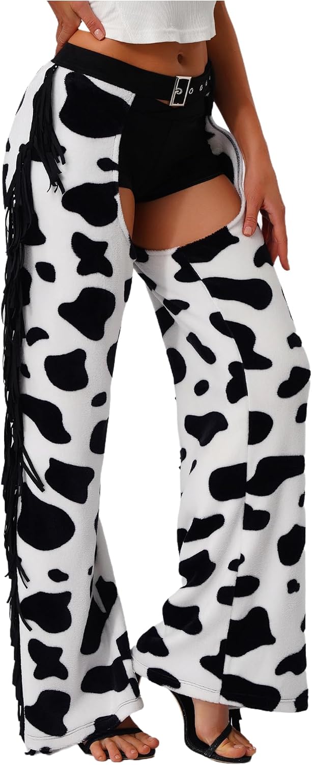 Hularka Womens Halloween Cowgirl Chaps Costume Flannel Fringed Hollow Out Pants for Theme Party