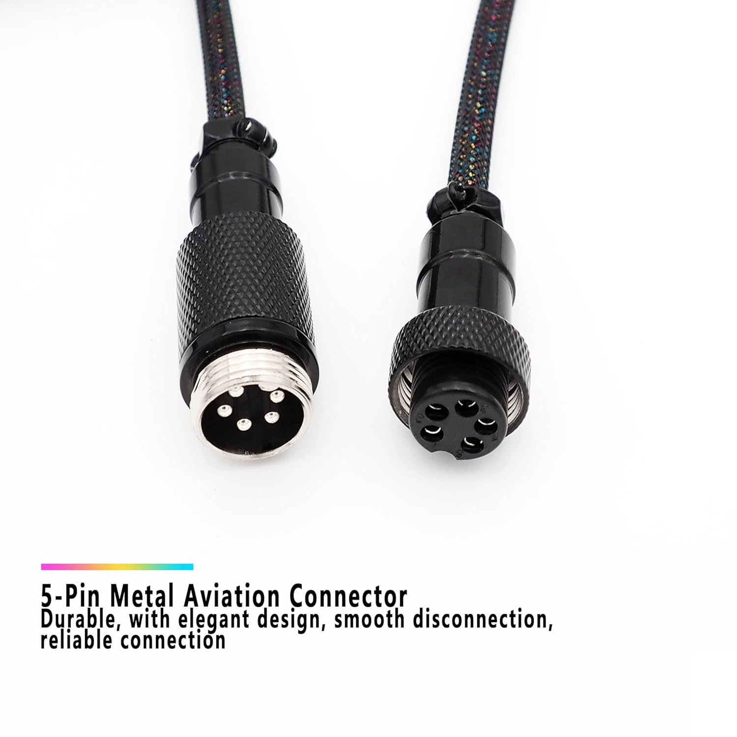 Coiled Keyboard Cable USB-C to USB-A 1.5M, Double-Sleeved Braided with Detachable 5-Pin Aviator Connector for Gaming Keyboards (Multicoloured Black)