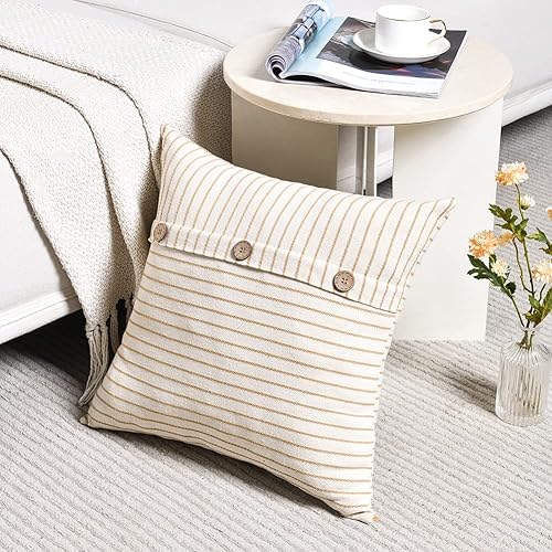 Miniatura 2 de Fancy Homi Paquete de 2 fundas de almohada decorativas de color marrón rústico de 16 x 16 pulgadas con tres botones para sofá, cama, sala de estar,