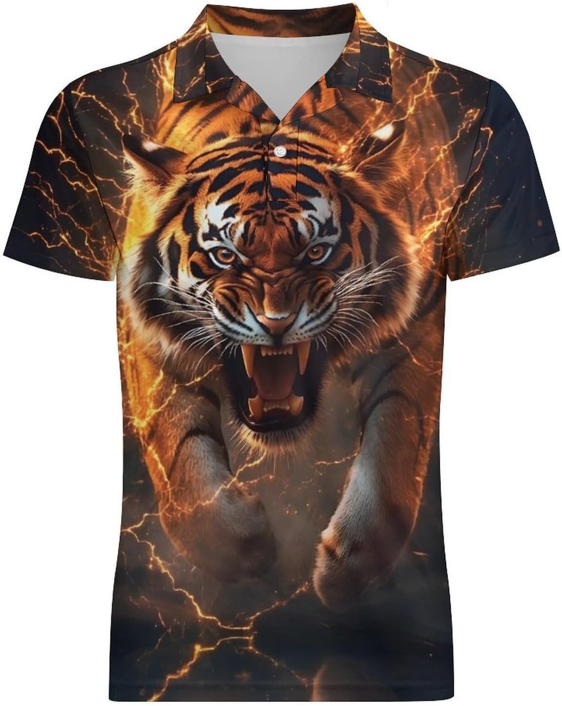 Men Cool Tiger Graphic Printed Short Sleeve Polo Shirts Summer Casual Button Down Golf Polos Shirt