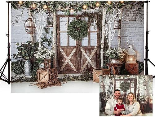 Miniatura 1 de MEHOFOTO - Fondo de fotografía para cena de Navidad de invierno de 7 x 5 pies, fondo rústico de madera marrón para pared, luces con purpurina, jaula