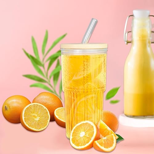 Miniatura 4 de Vaso de vidrio con tapas de bambú y pajitas de vidrio, 22 onzas para taza de café helado, agua, batido, paquete de 4
