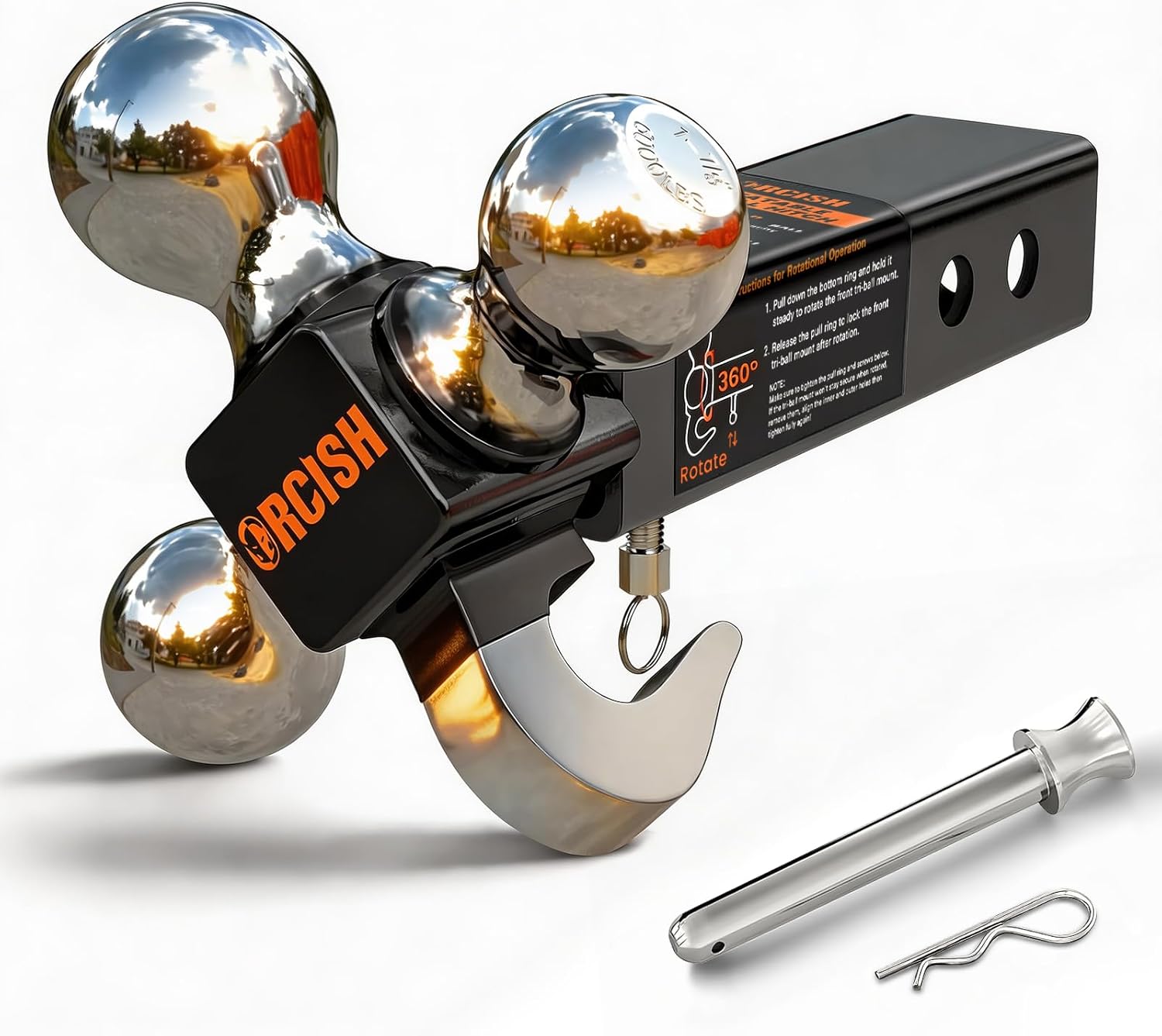 ORCISH 360° Swivel Trailer Hitch, Tri-Ball Mount with Pin & Heavy Duty Hook, Chrome-Plated Trailer Ball Size 1-7/8", 2" and 2-5/16", Fit 2 Inch Hitch Receiver, Rotating Ball Hitch, Towing Hitch