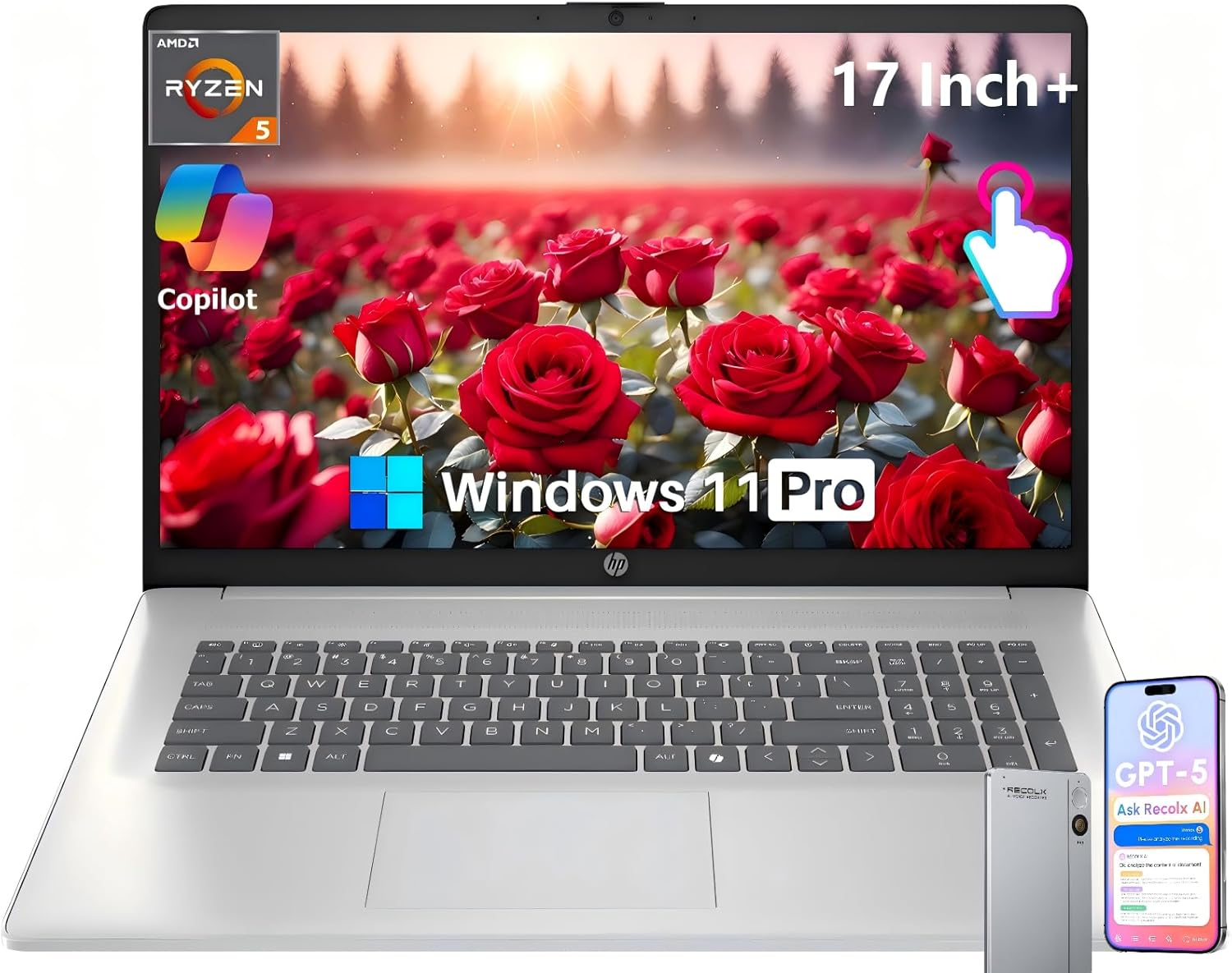 HP 17 Inch Laptop, 17.3" HD+ Touchscreen Display, AMD Ryzen 5 7430U (Up to 4.5GHz), 32 GB RAM, 1 TB SSD, Wi-Fi 6, Bluetooth 5.4, Windows 11 Pro, Copilot AI, Numeric Keypad, w/RECOLX AI Voice Recorder