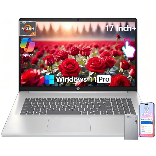 HP 17 Inch Laptop, 17.3" HD+ Touchscreen Display, AMD Ryzen 5 7430U (Up to 4.5GHz), 16 GB RAM, 1 TB SSD, Wi-Fi 6, Bluetooth 5.4, Windows 11 Pro, Copilot AI, Numeric Keypad, w/RECOLX AI Voice Recorder