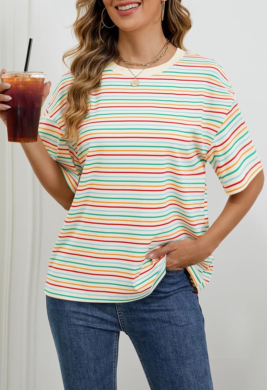 MEROKEETY Womens Summer Short Sleeve Casual Colourful Striped Tops image 2